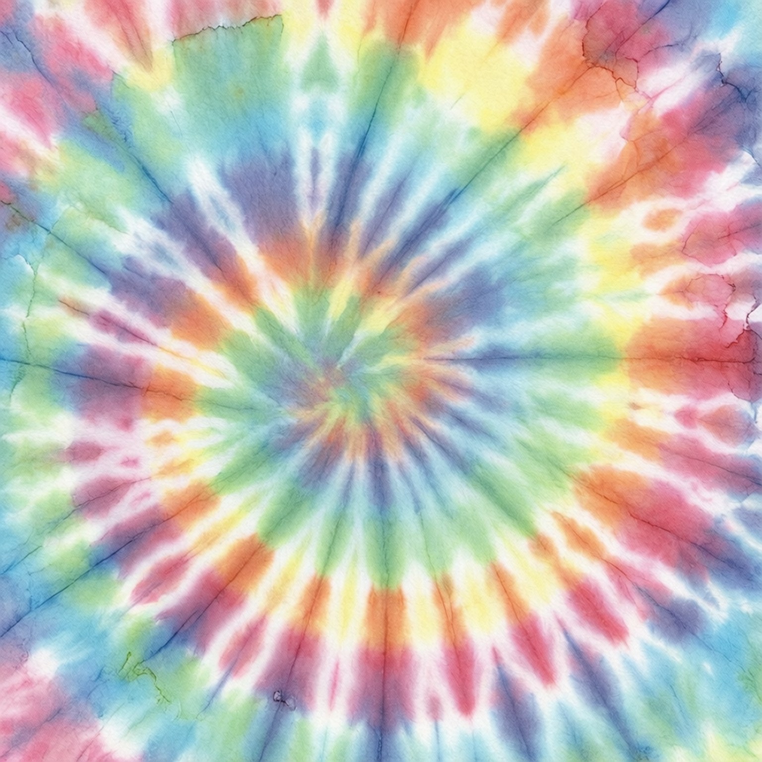 Tie Dye Watercolor 壁紙 — 充滿活力的紮染圖案從中心點向外輻射，帶有藍色、綠色、黃色、橙色和粉紅色的條紋。