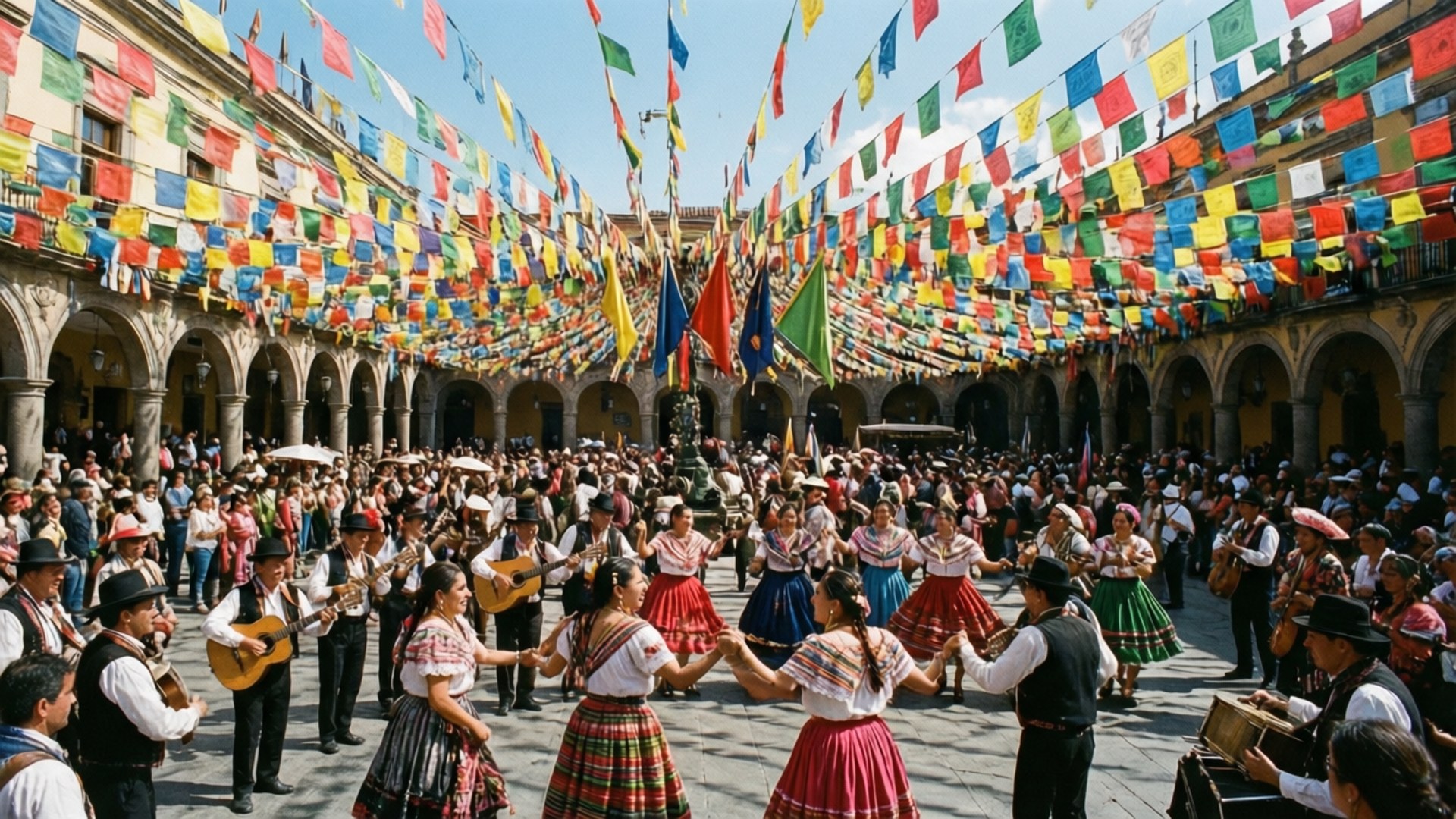 Festival Celebrations 壁紙 — 充滿活力的傳統舞者身穿色彩繽紛的民族服裝，在陽光普照的殖民廣場上，於五彩旗幟的遮蓋下演奏歡快的音樂。