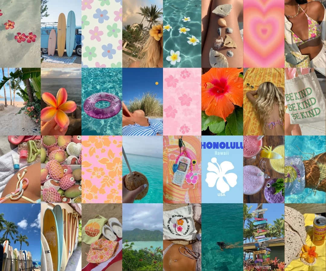  壁紙 — 充滿活力的熱帶拼貼畫， featuring 衝浪板、棕櫚樹、木槿花和沙灘飲品，在晴朗的天空下。