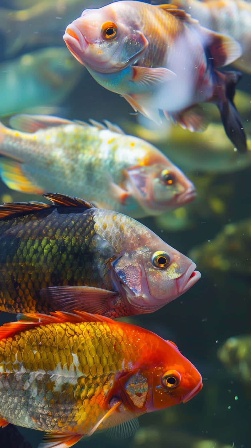  壁紙 — 色彩繽紛的熱帶魚在清澈的水中優雅地游動，擁有色彩斑斕的鱗片和好奇的眼睛。