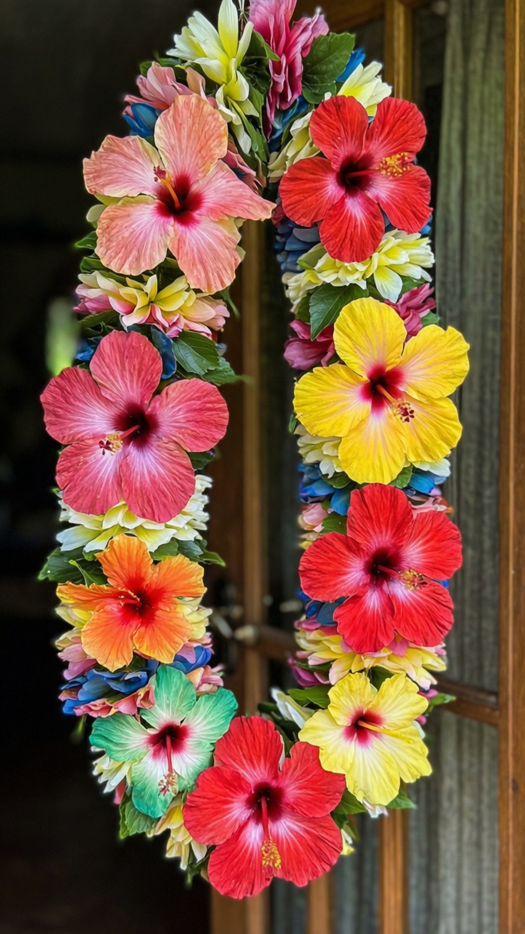 Hibiscus Lei Wreath 壁紙 — 一個充滿活力的熱帶花環，帶有紅色、粉紅色、黃色和橙色的芙蓉花，掛在木門框上。