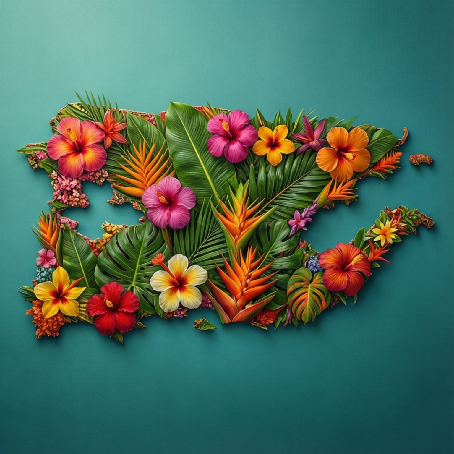 Floral Puerto Rico Map 壁紙 — 充滿活力的熱帶花卉和樹葉在青綠色背景上形成茂盛的3D花卉地圖輪廓。