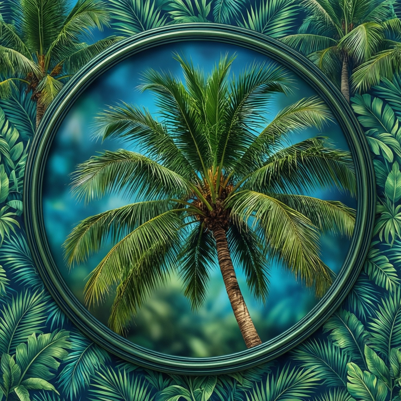 Circular Palm Design 壁紙 — 一棵充滿活力的熱帶棕櫚樹，鑲嵌在圓形邊框中，周圍環繞著茂密的綠色樹葉，背景為青綠色。