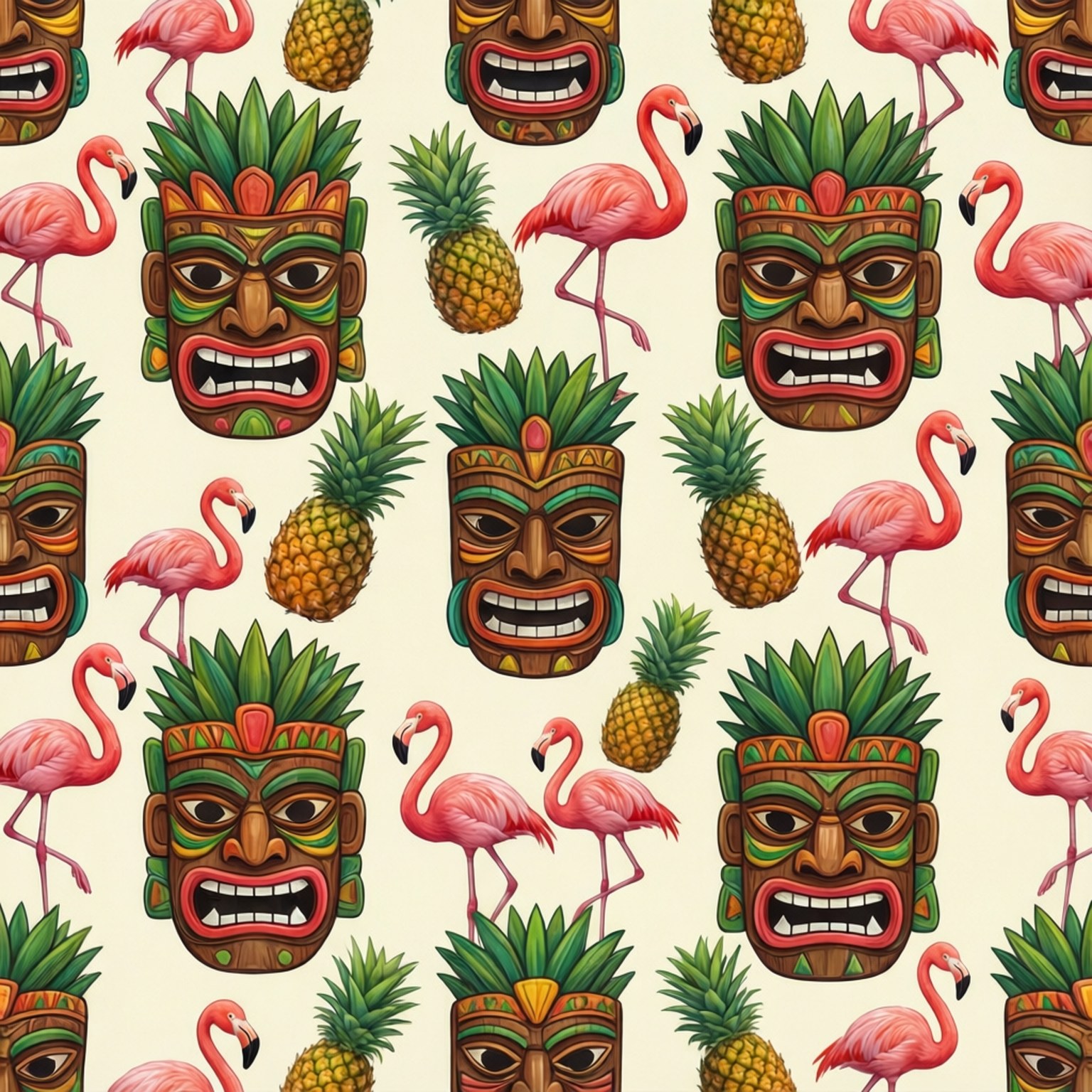 Tiki 桌布 壁紙 — 充滿活力的熱帶圖案，粉紅色火烈鳥、鳳梨和色彩繽紛的蒂基面具在奶油色背景上重複出現。