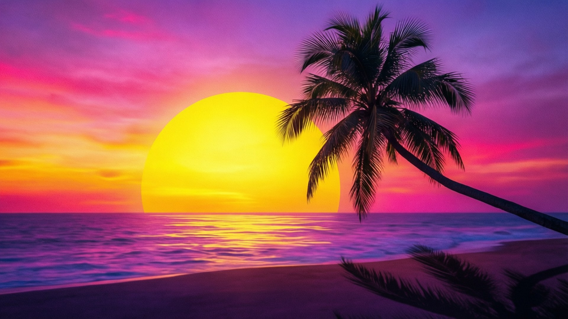 Graphic Sunset Palm 壁紙 — 充滿活力的熱帶日落，巨大的黃色太陽在海洋波浪上落下，旁邊是棕櫚樹的剪影。