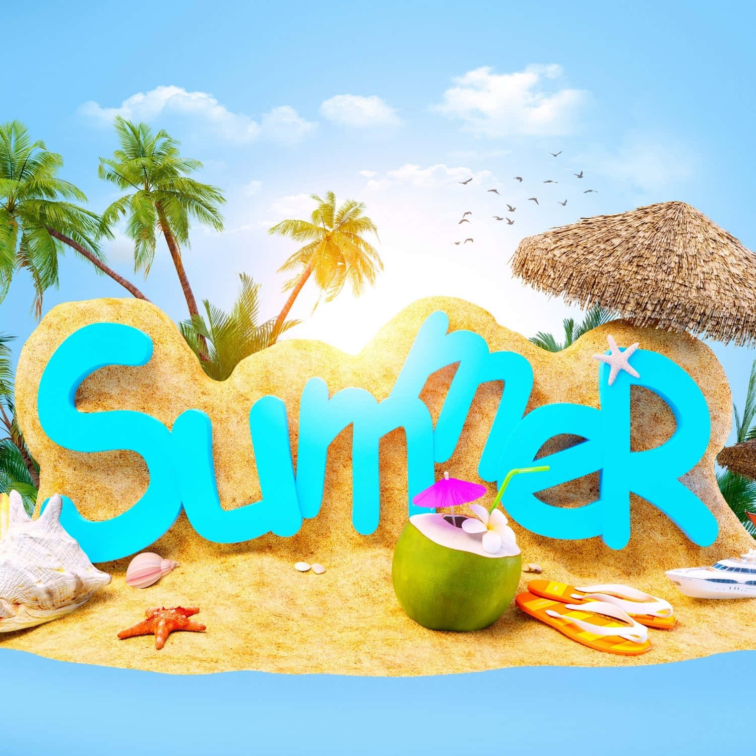  壁紙 — 充滿活力的藍綠色「Summer」字母從金色沙灘中浮現，旁邊有椰子飲料、人字拖和棕櫚樹，背景是明亮的藍天。