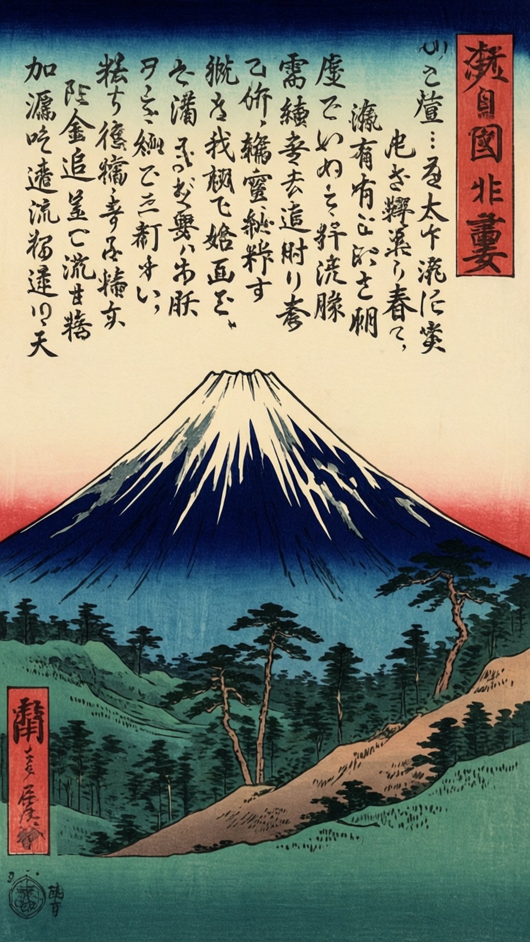 浮世繪趣味知識 壁紙 — 一幅色彩鮮豔的浮世繪木版畫，描繪富士山在紅藍天空下，雪頂聳立於綠色山丘和松樹之上。