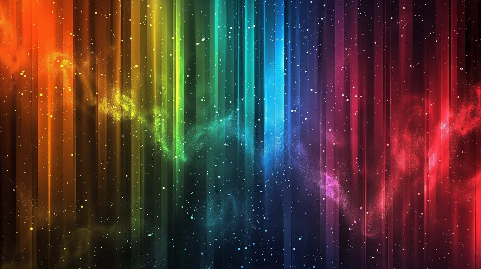 壁紙 — 充滿活力的垂直彩虹光束劃過宇宙星場，帶有發光的星雲和閃爍的粒子。