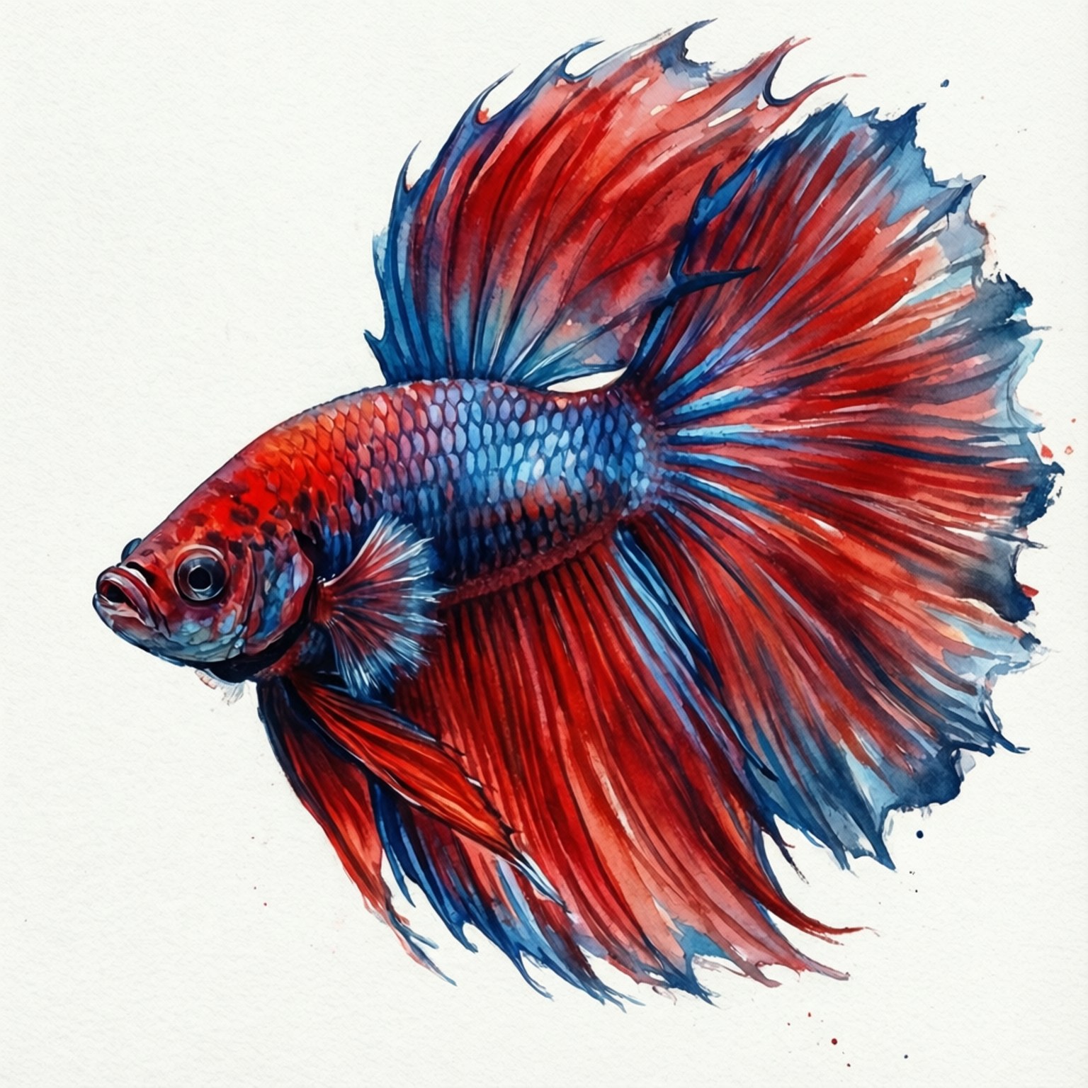 Watercolor Betta Art 壁紙 — 一條充滿活力的水彩鬥魚，帶有火紅和深藍色的魚鰭，背景為純白色。