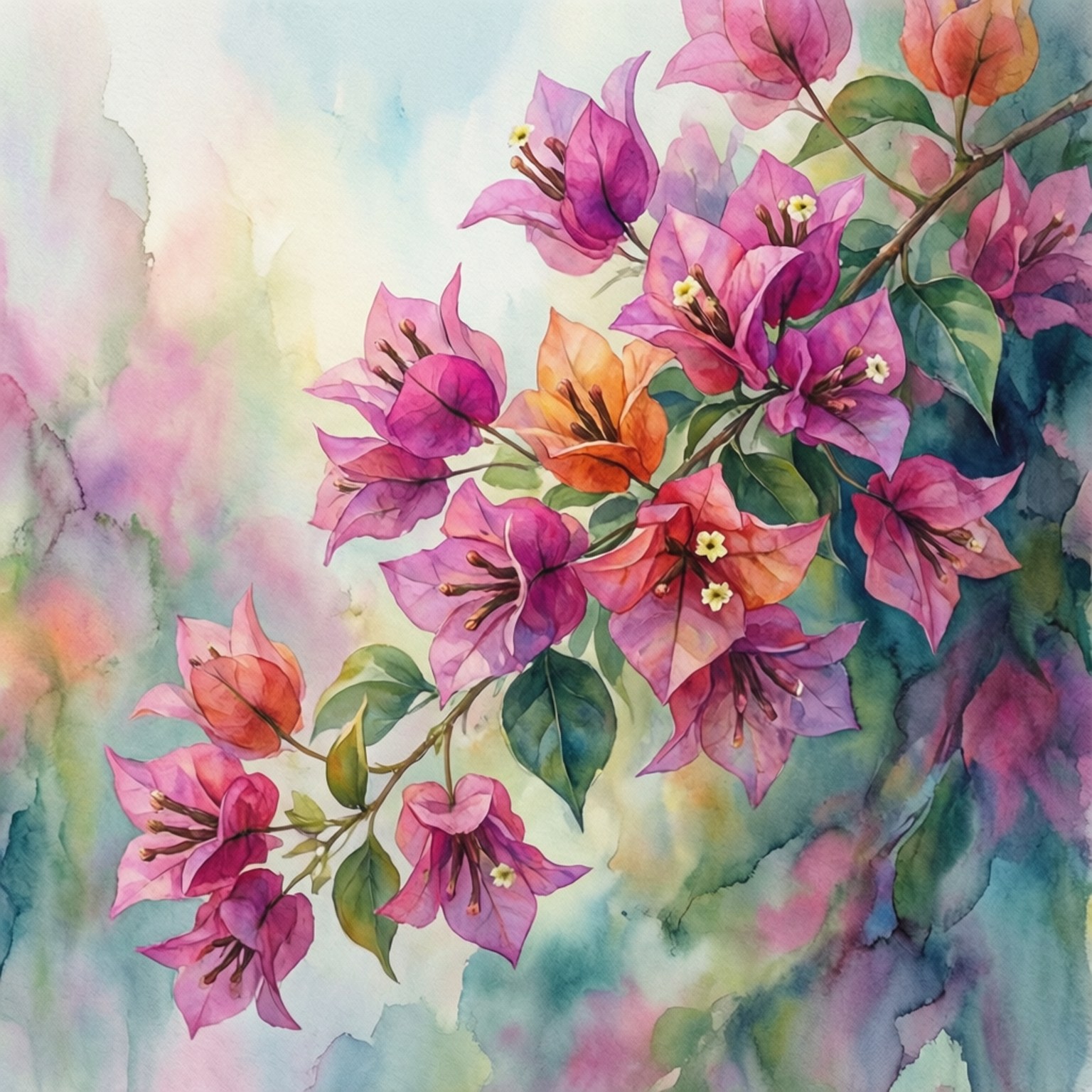Watercolor Blooms 壁紙 — 充滿活力的水彩花束，粉紅色和橙色的九重葛花朵配以綠色葉子，背景是柔和的粉彩天空。