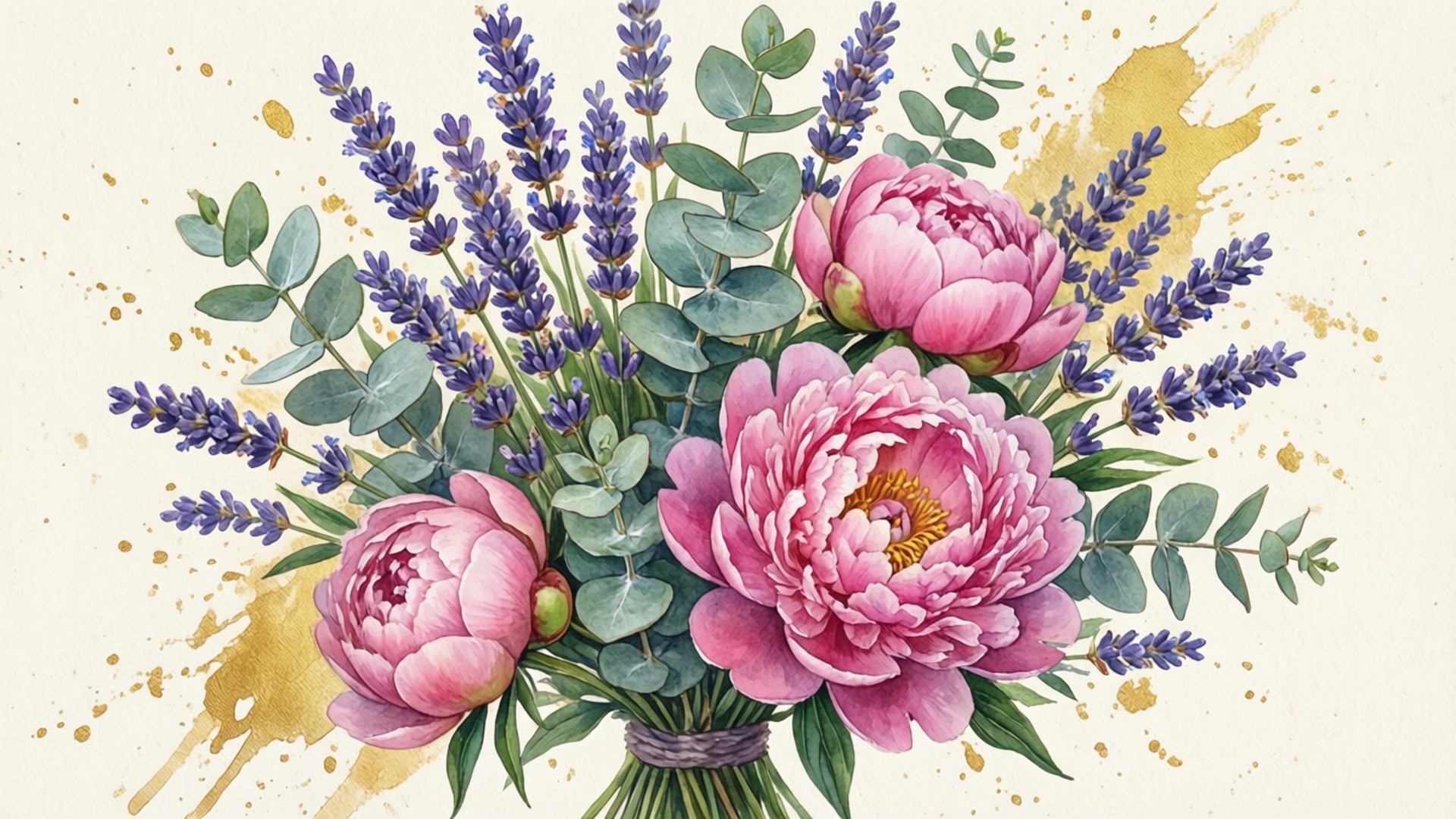 Whimsical Lavender Peonies 壁紙 — 一束充滿活力的水彩花束，包括粉紅牡丹、薰衣草和尤加利葉，用絲帶綁著，背景為奶油色，帶有金色潑濺。