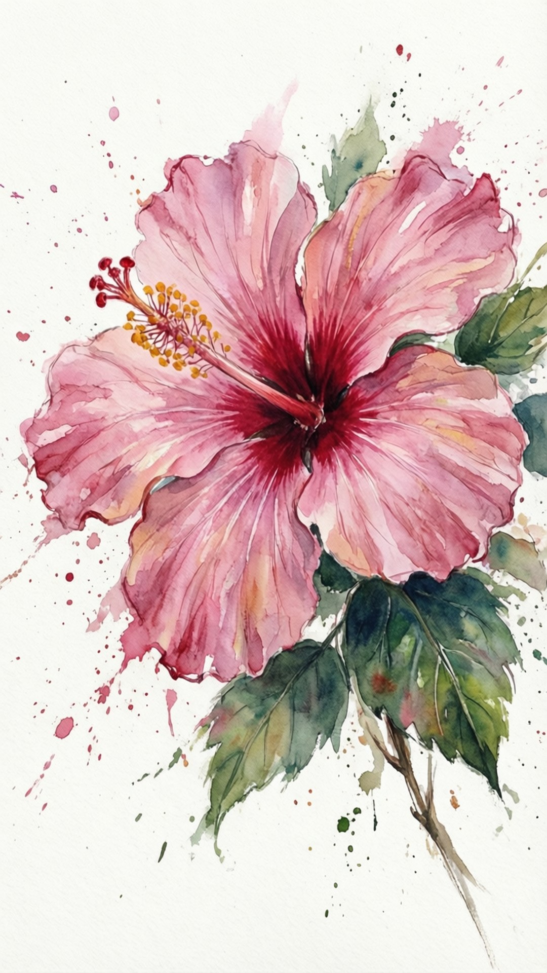 Pink Watercolor Hibiscus 壁紙 — 一朵充滿活力的水彩木芙蓉，粉紅色花瓣和黃色雄蕊在白色背景上飛濺。