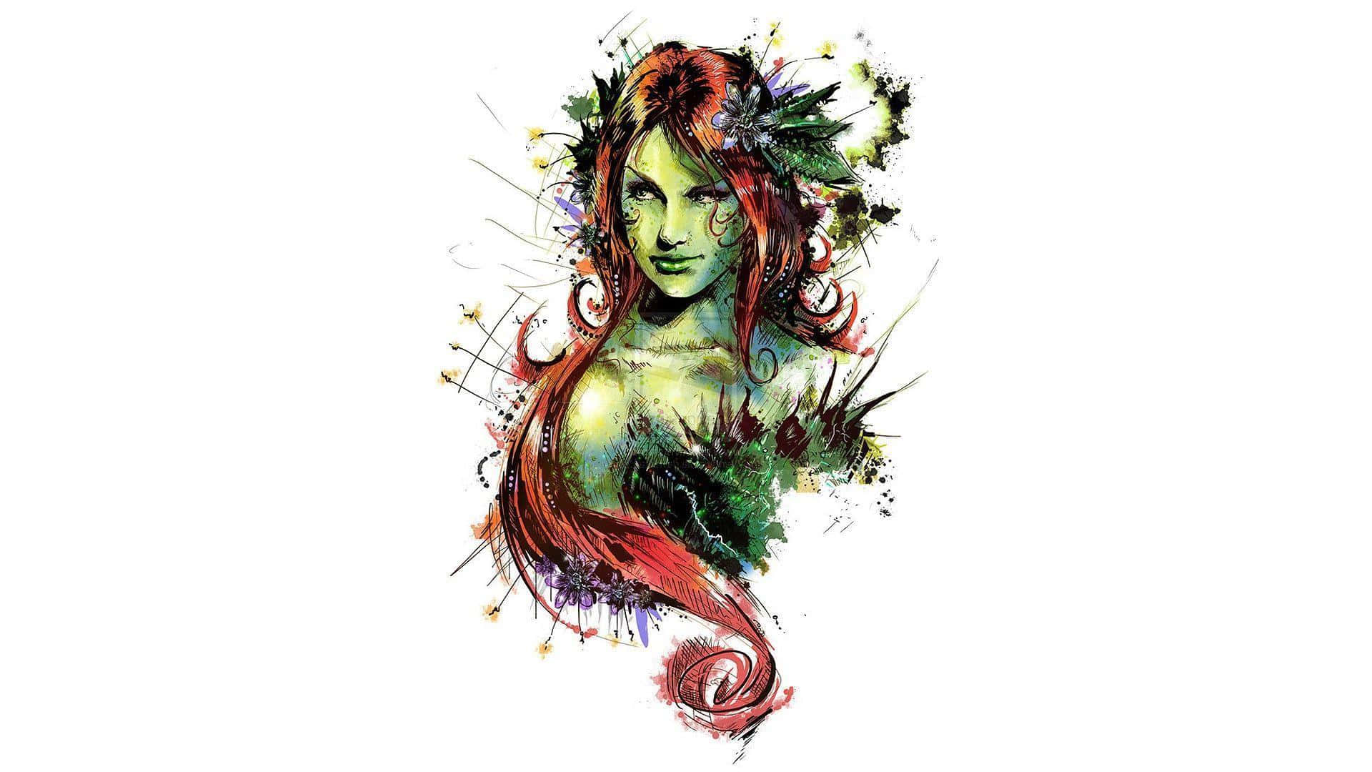  壁紙 — 一幅充滿活力的水彩插圖，描繪一位綠皮膚、紅頭髮、帶有花卉裝飾的女性，背景為白色。