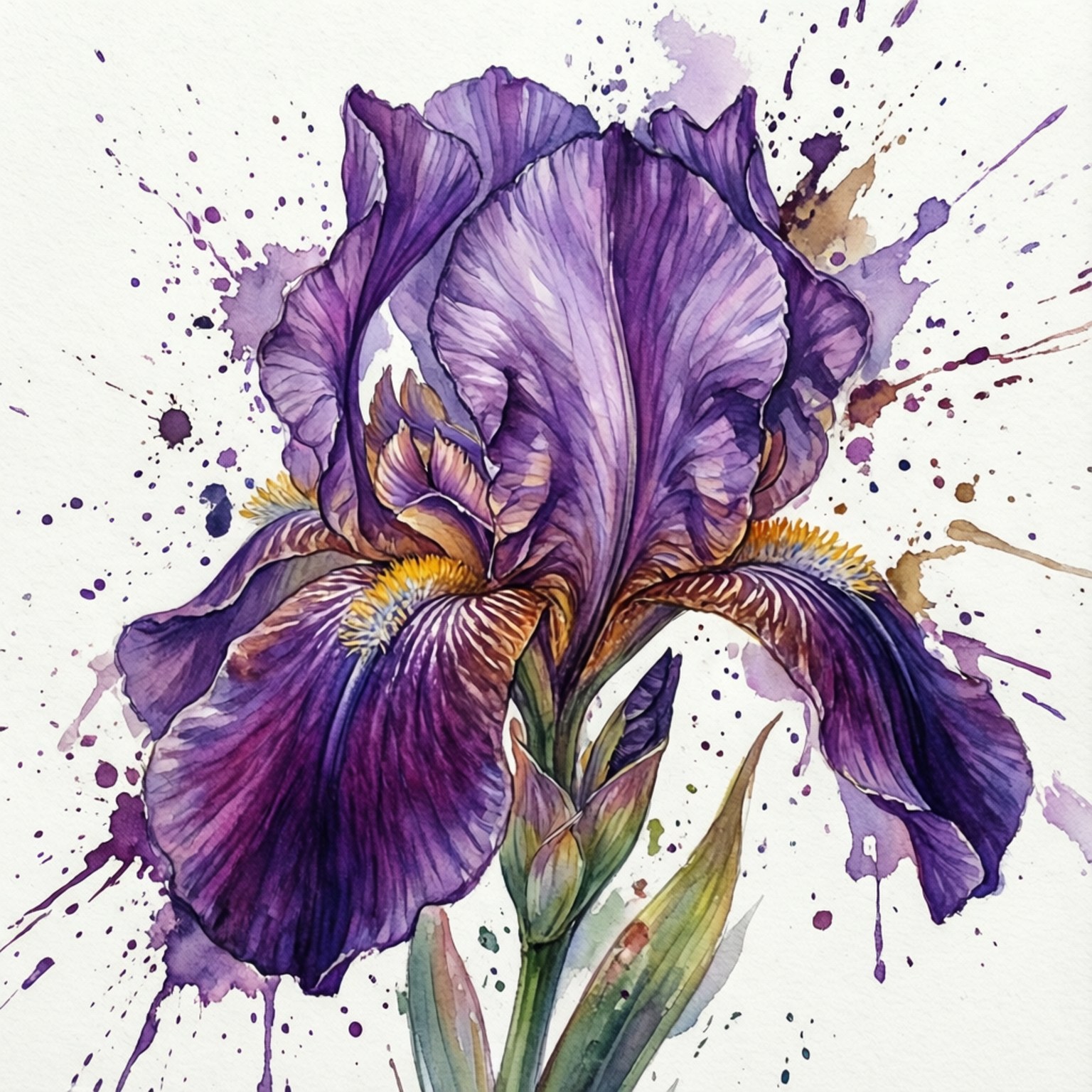Violet Iris Watercolor 壁紙 — 一朵充滿活力的水彩鳶尾花，深紫色花瓣和金色中心，從綠色莖上綻放，背景是白色潑濺。