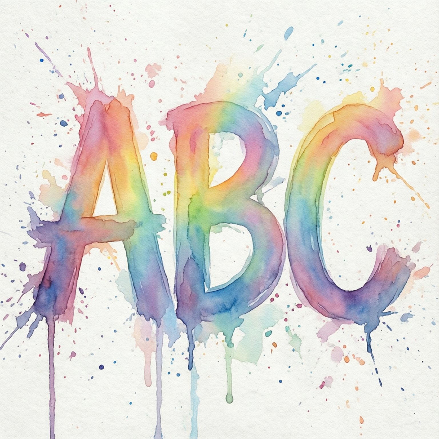 Watercolor ABC Splatter 壁紙 — 充滿活力的水彩字母ABC，在紋理白紙上濺上彩虹色調。
