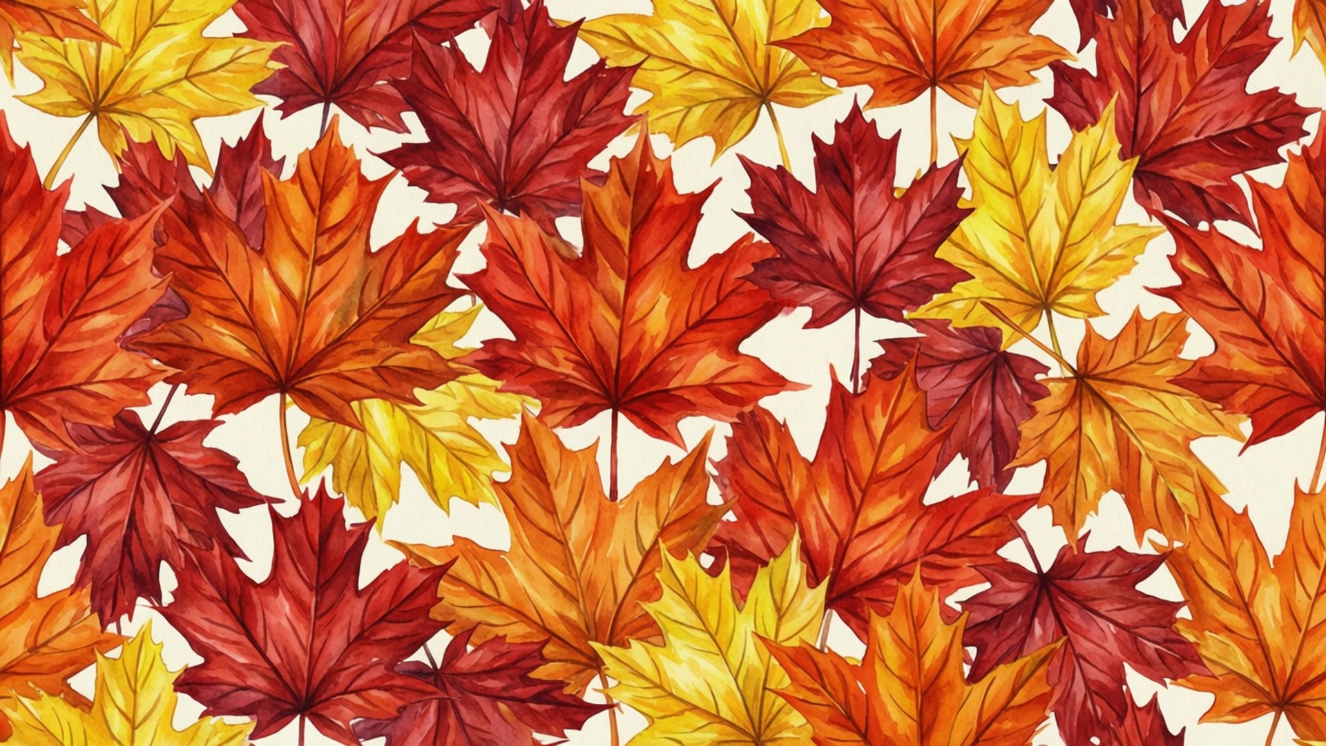 Autumn Maple Leaf Pattern 壁紙 — 充滿活力的水彩楓葉，以火紅、橙和黃色散落在奶油白色背景上。