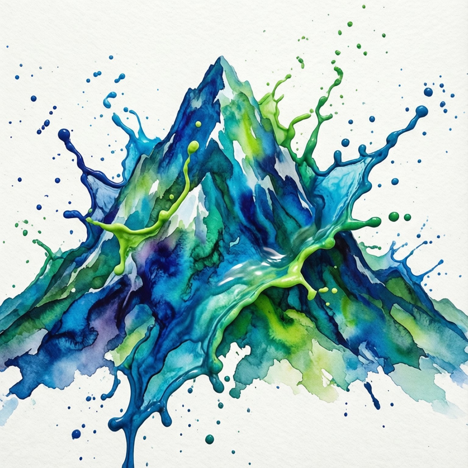 Watercolor Peak 壁紙 — 一座充滿活力的水彩山峰在紋理白色背景上迸發出電光藍和萊姆綠的飛濺。