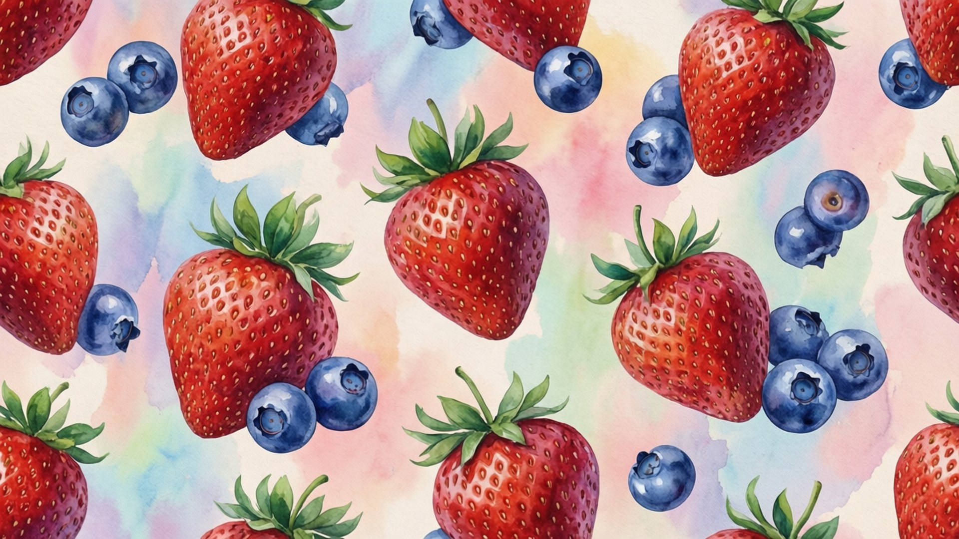Watercolor Berry Pattern 壁紙 — 柔和粉彩漸變背景上，成熟紅草莓和飽滿藍莓的鮮豔水彩圖案。