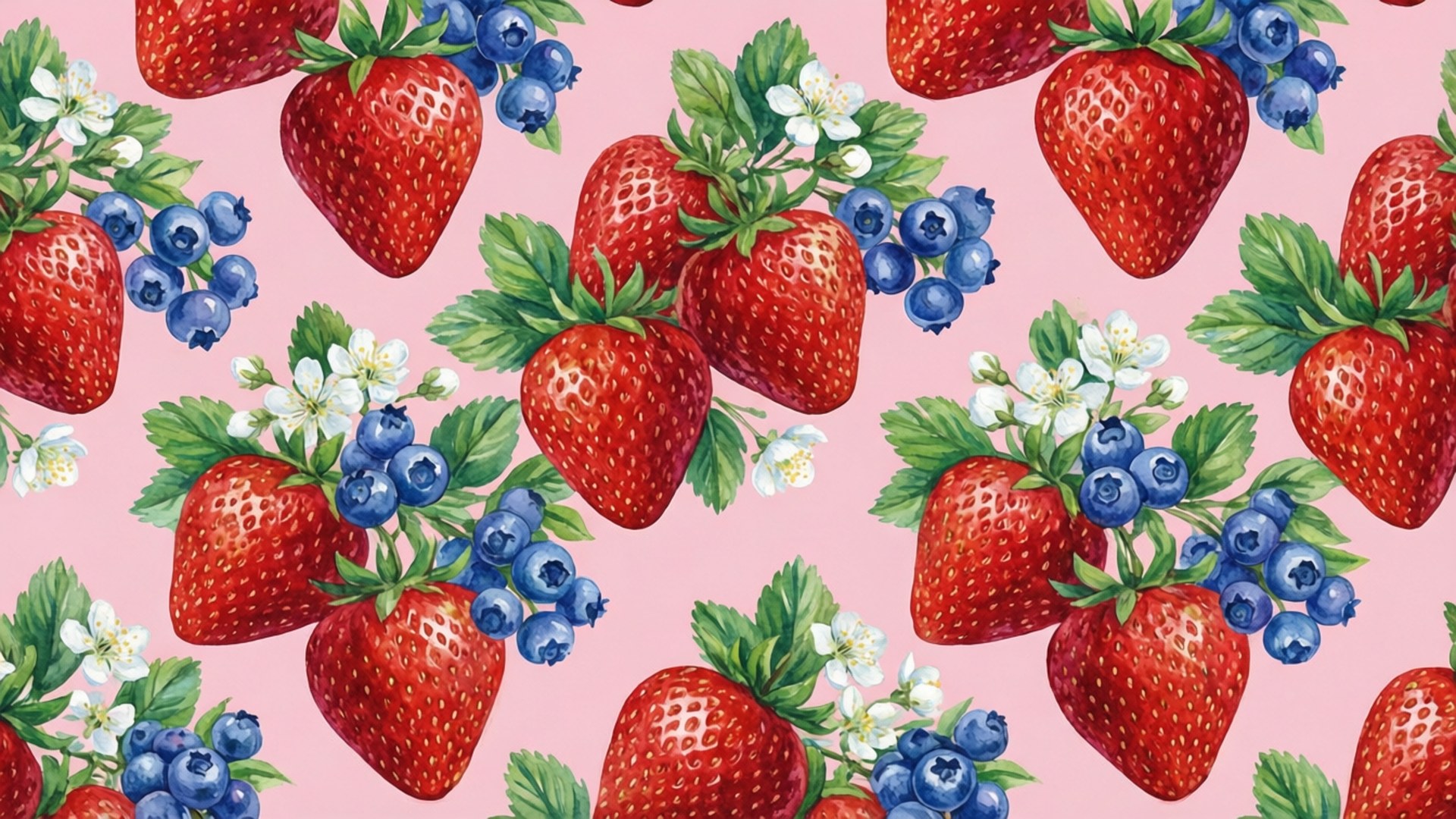 Strawberry Blueberry Patch 壁紙 — 柔和粉紅色背景上成熟草莓、藍莓和白色花朵的鮮豔水彩圖案。