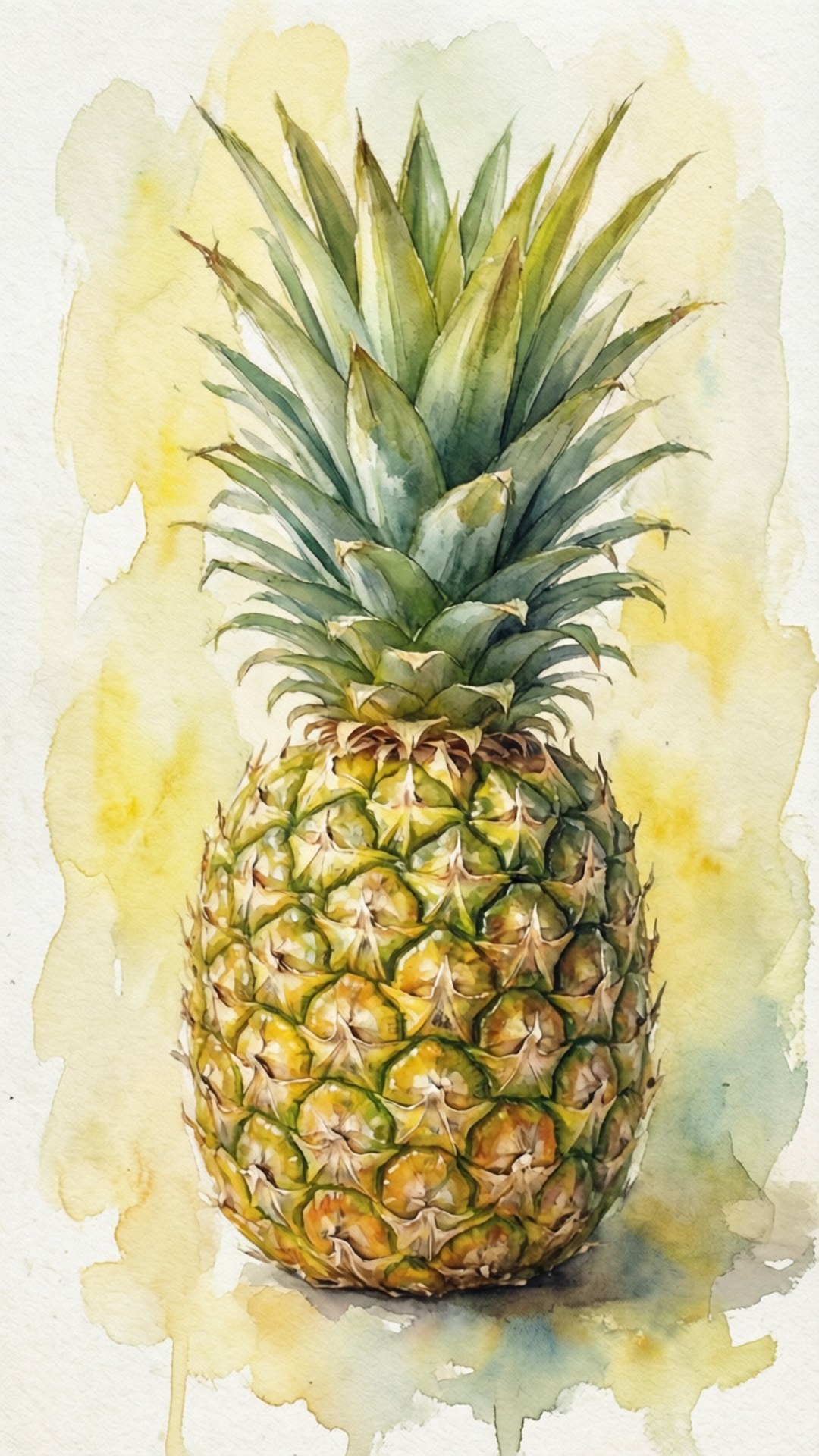 Watercolor Pineapple Art 壁紙 — 一幅充滿活力的鳳梨水彩畫，帶有紋理綠色冠和金色黃色果皮，背景為柔和的黃色洗滌。