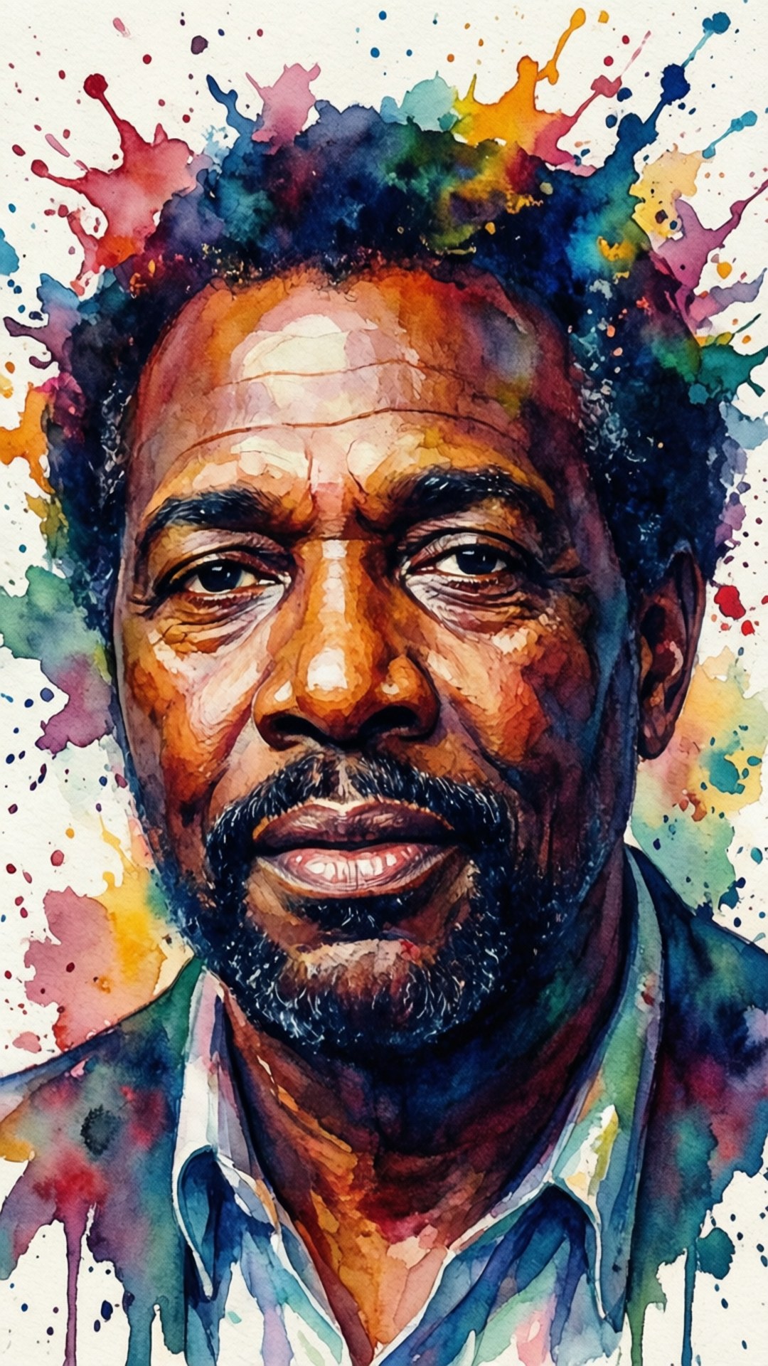 桌布 壁紙 — 一幅充滿活力的水彩肖像畫，描繪一位眼神富有表現力的男士，頭部散發出色彩繽紛的顏料飛濺。