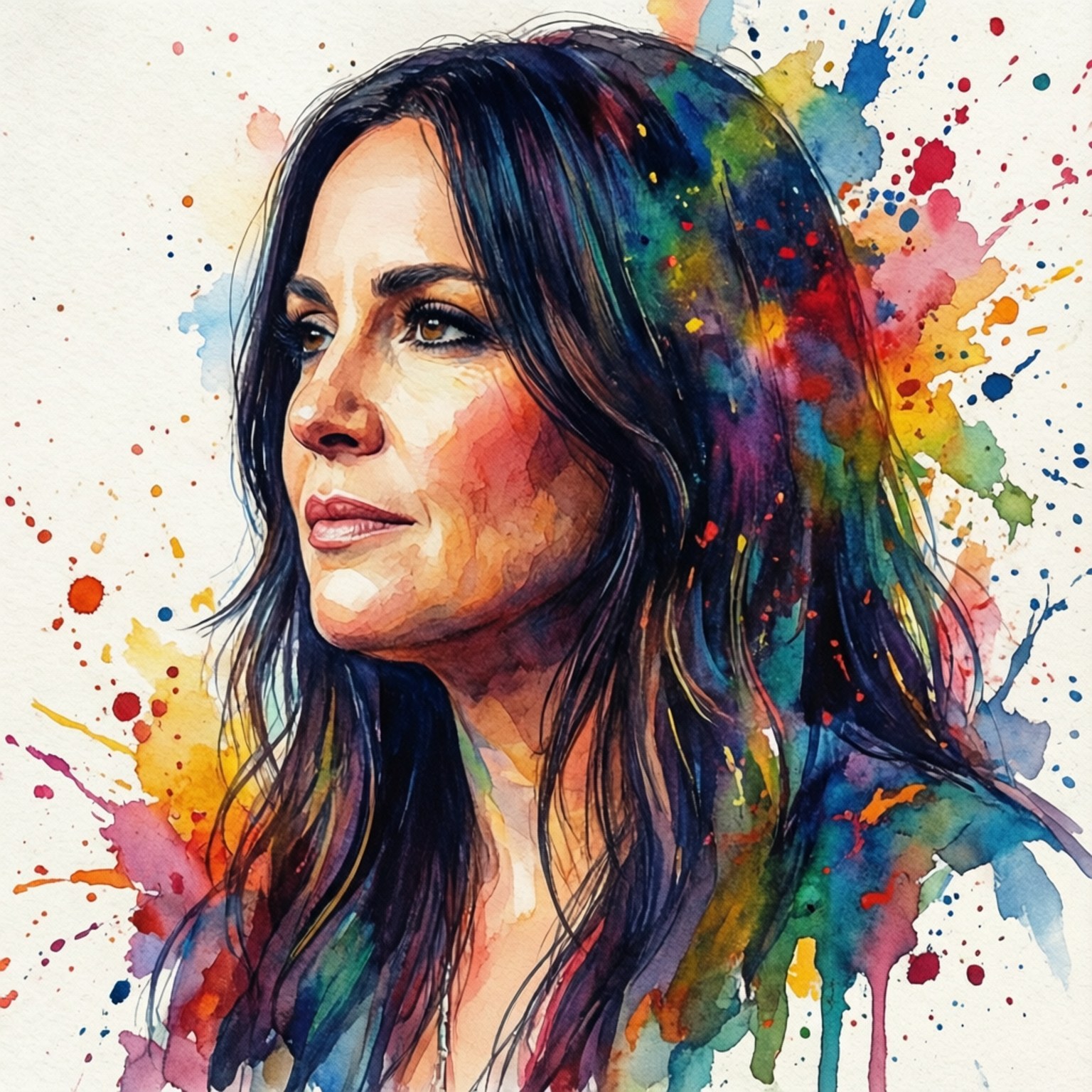 Watercolor Profile Art 壁紙 — 一幅充滿活力的水彩肖像畫，描繪一位深色頭髮的女性，頭部散發出色彩繽紛的顏料飛濺。