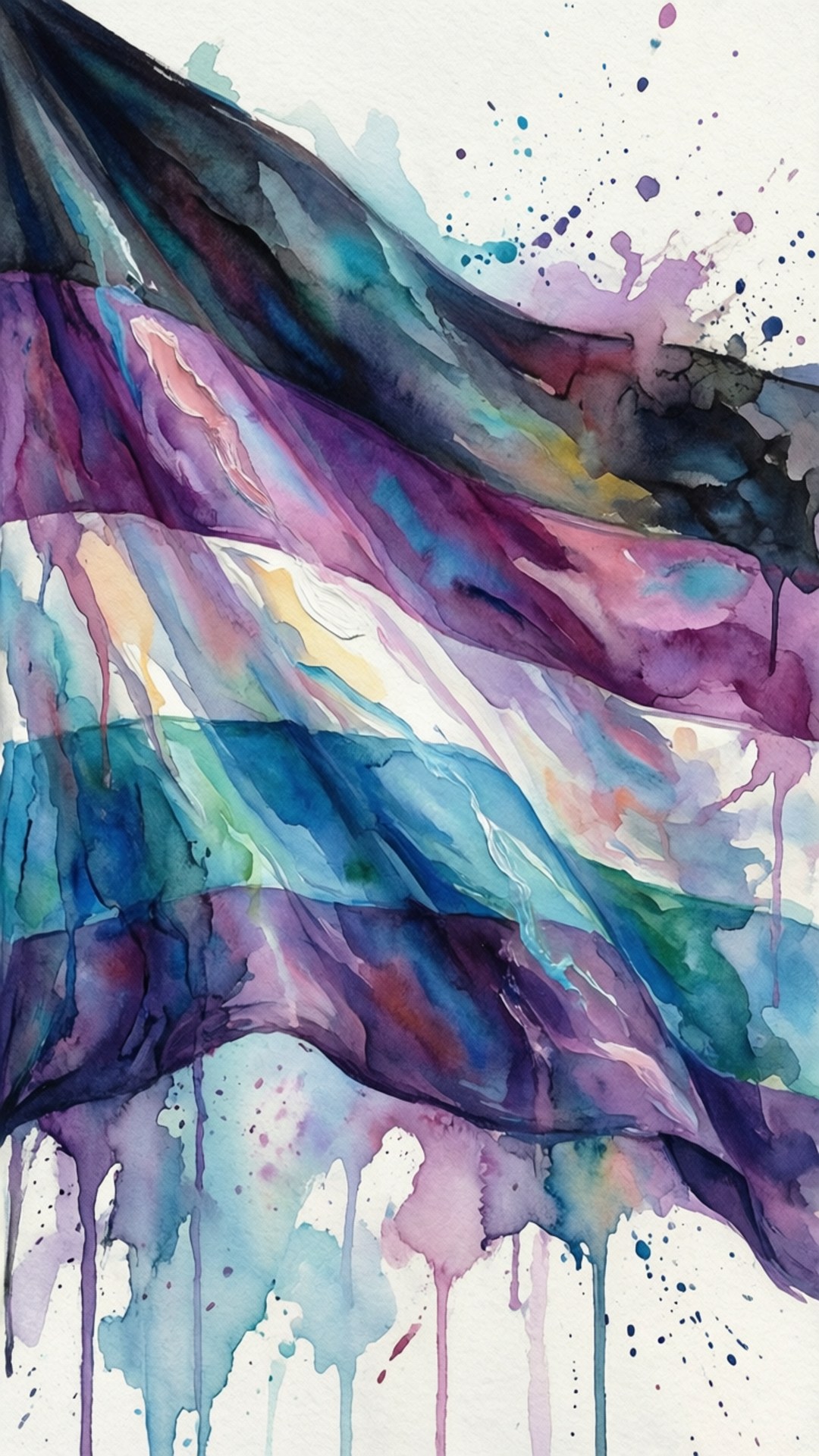 Watercolor Flow 壁紙 — 一幅充滿活力的水彩畫，描繪彩虹旗在白色背景上動態流動，帶有顏料滴落和飛濺效果。