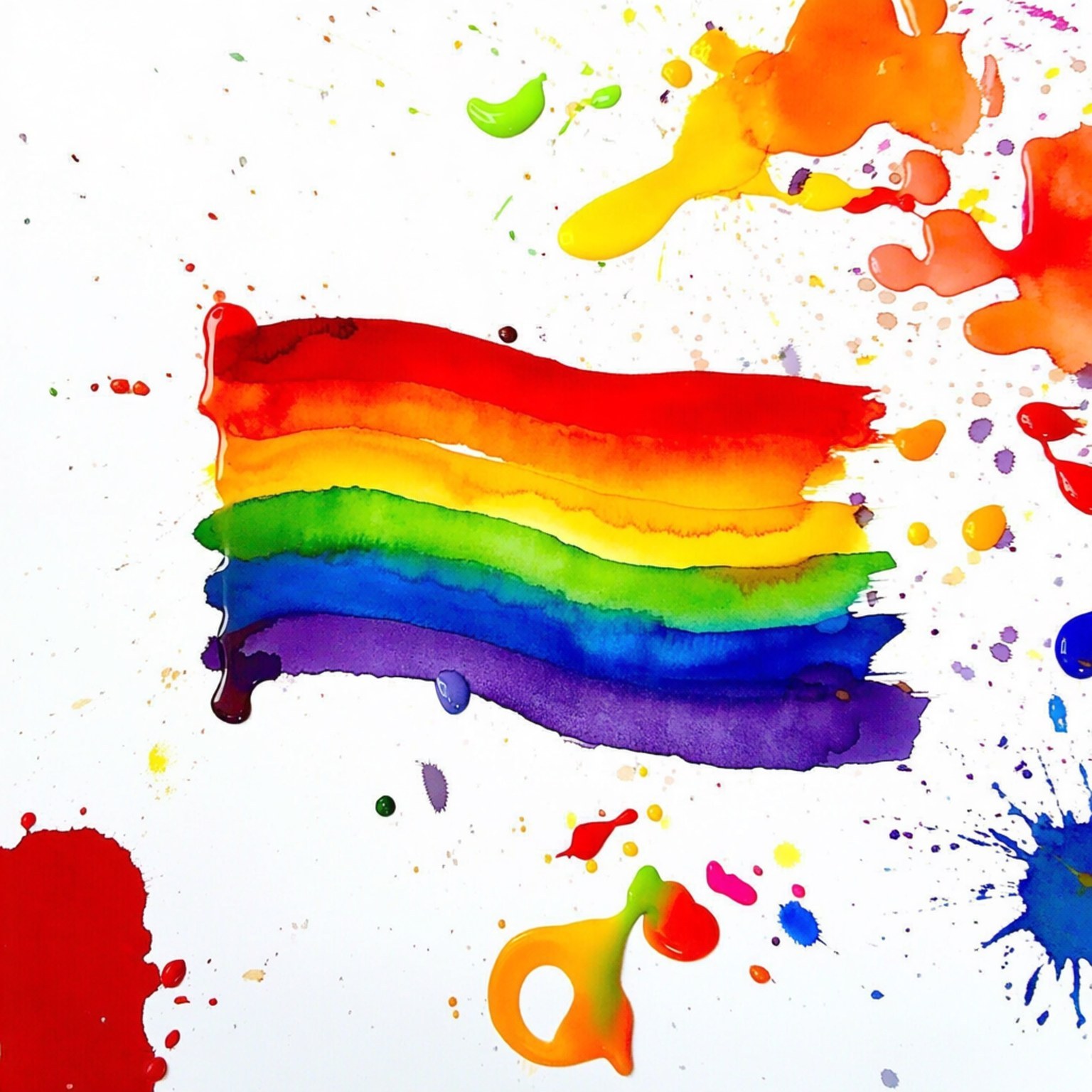 Watercolor Pride Flag 壁紙 — 鮮豔的水彩彩虹旗，白色背景上濺有顏料。