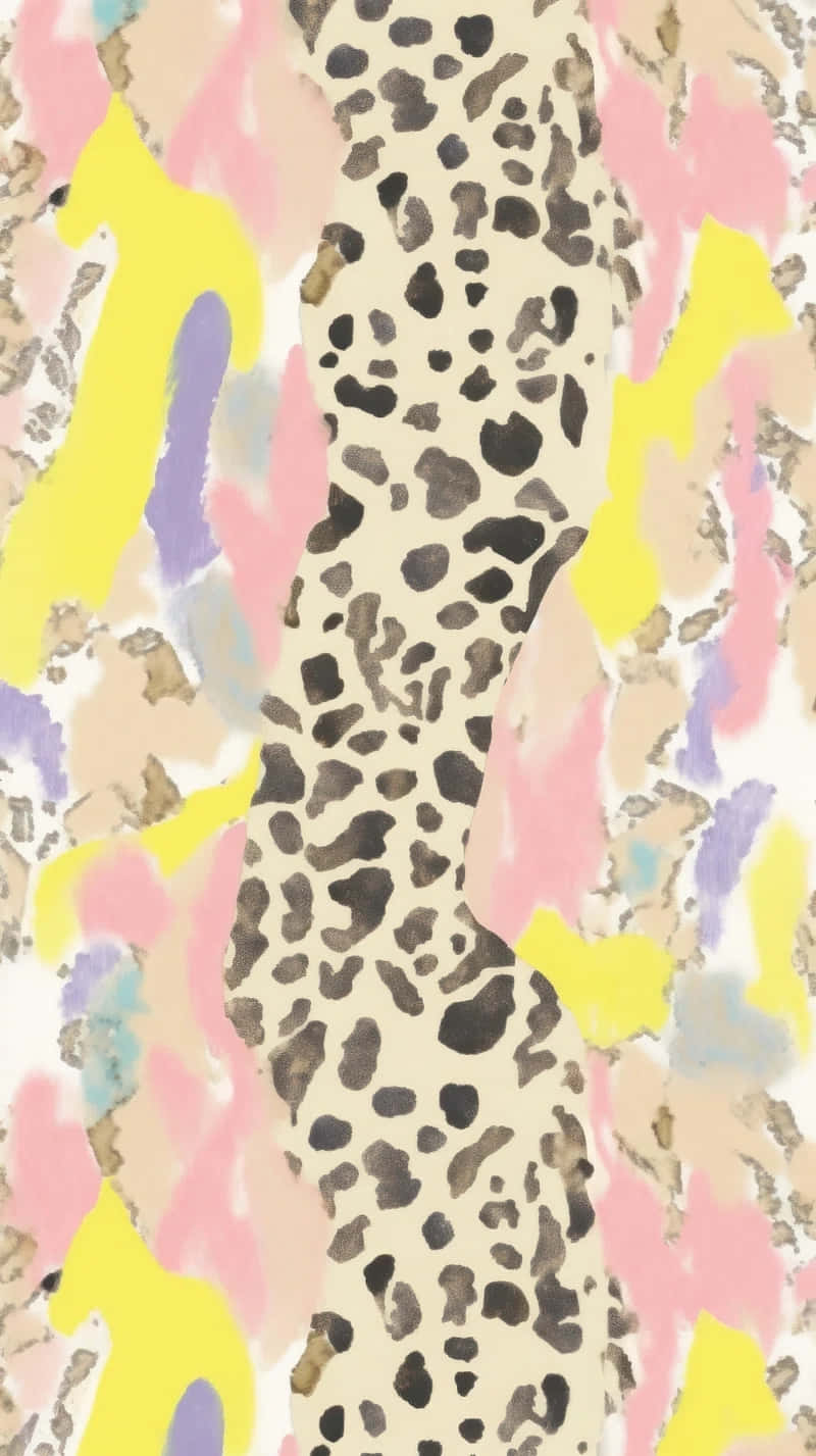 Cheetah Print Aesthetic 桌布 壁紙 — 粉紅、黃色和紫色的鮮豔水彩潑濺與中央的豹紋條紋形成對比。