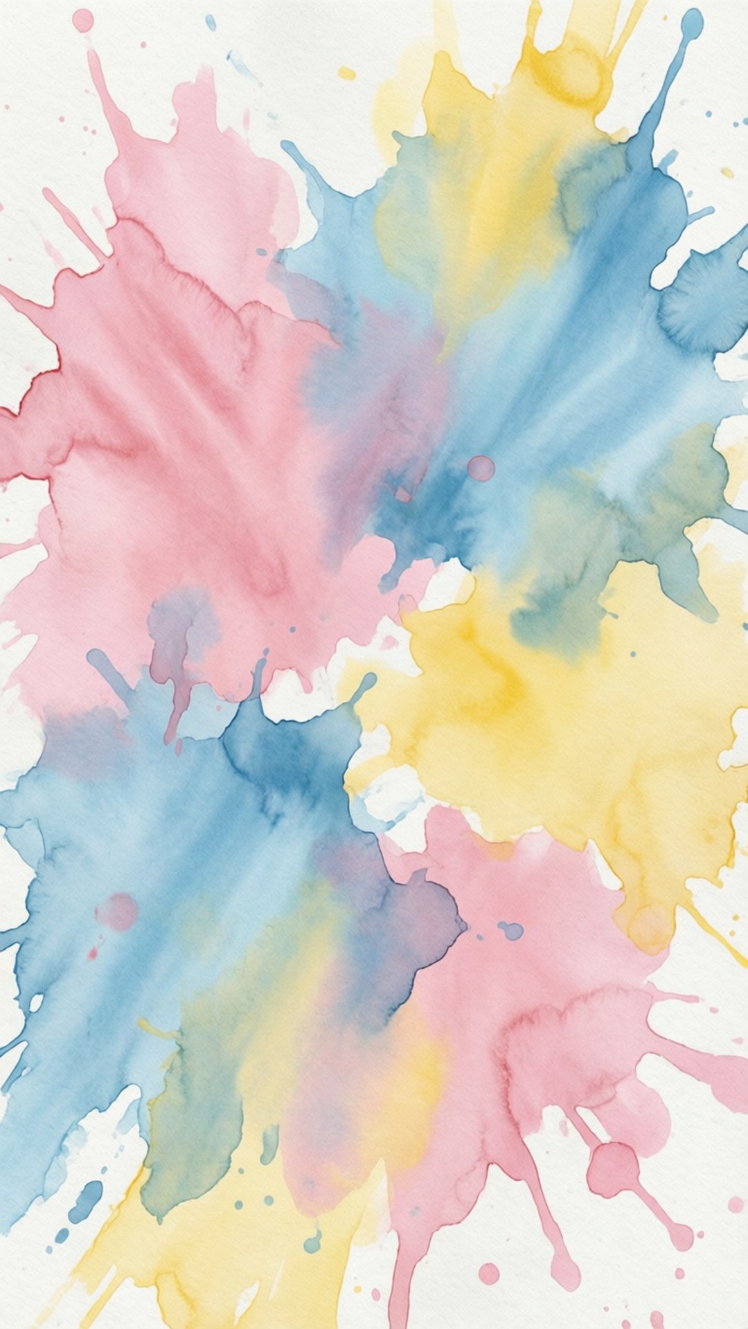 Pastel Watercolor 壁紙 — 充滿活力的粉紅色、藍色和黃色水彩潑濺在白色紋理畫布上，創造出充滿活力的抽象構圖。