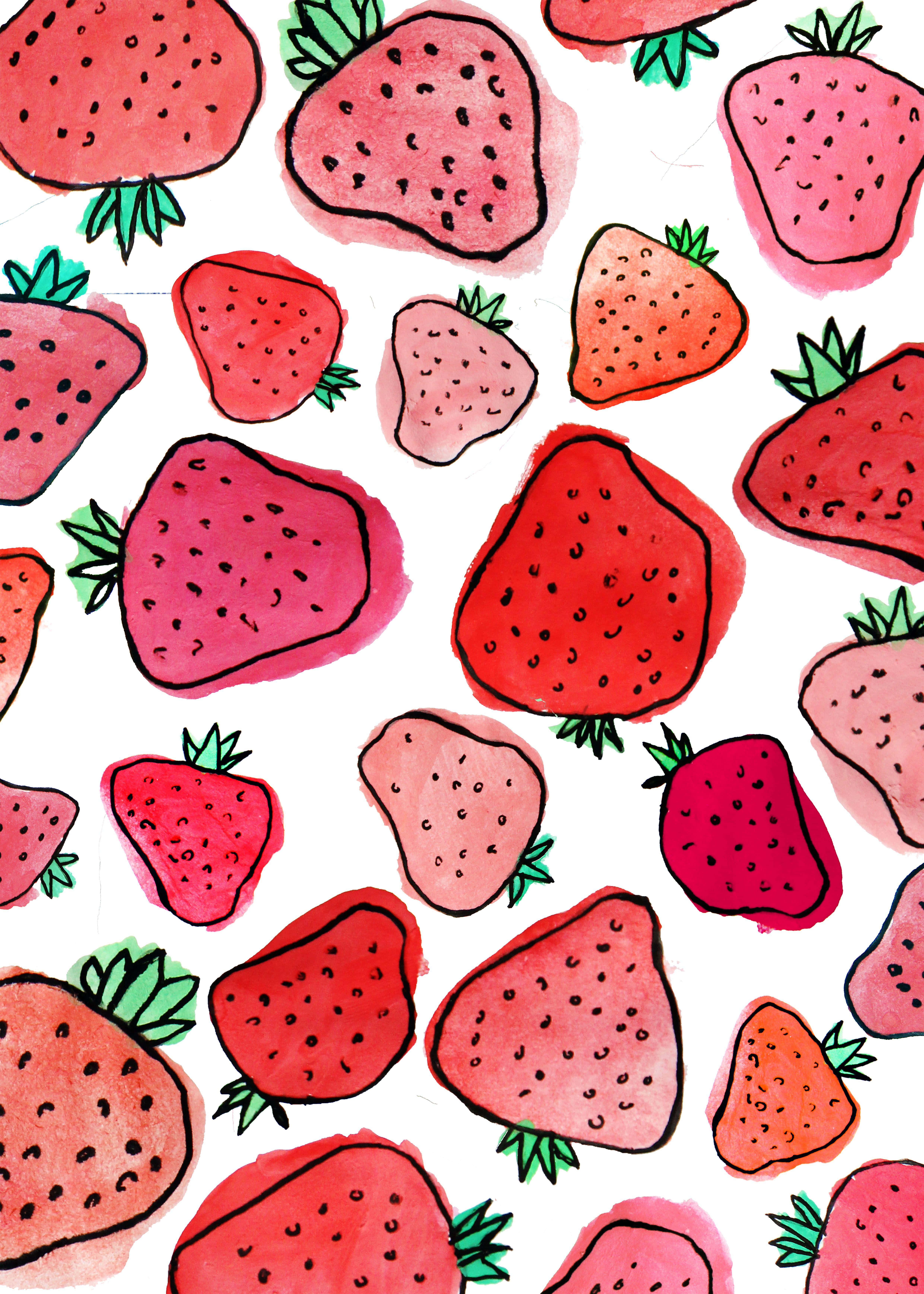 Cute Strawberry 桌布 壁紙 — 鮮豔的水彩草莓，呈現各種粉紅色和紅色色調，帶有綠色頂部，散落在白色背景上。