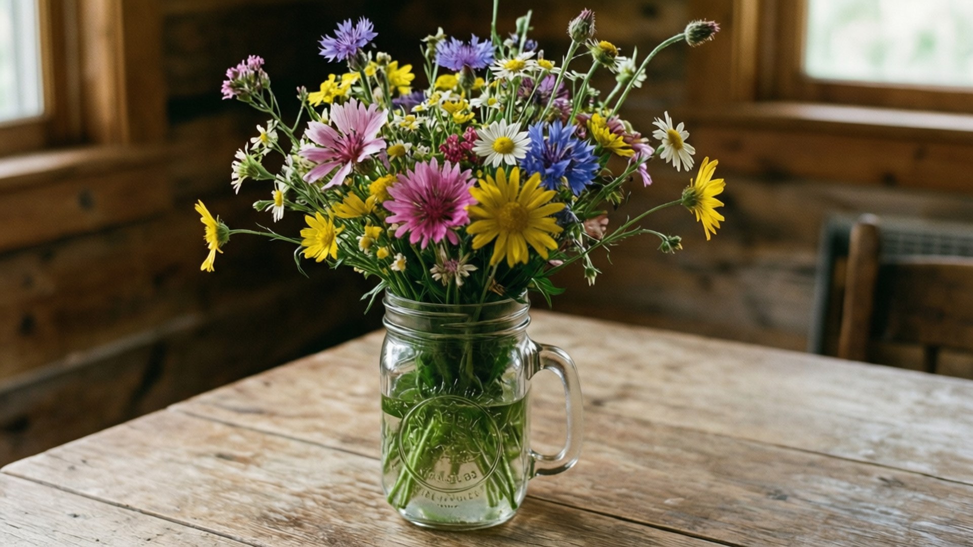 Wildflower Mason Jar 壁紙 — 一束充滿活力的野花插在玻璃罐中，放在一張風化的木桌上，靠近一扇鄉村風格的窗戶。