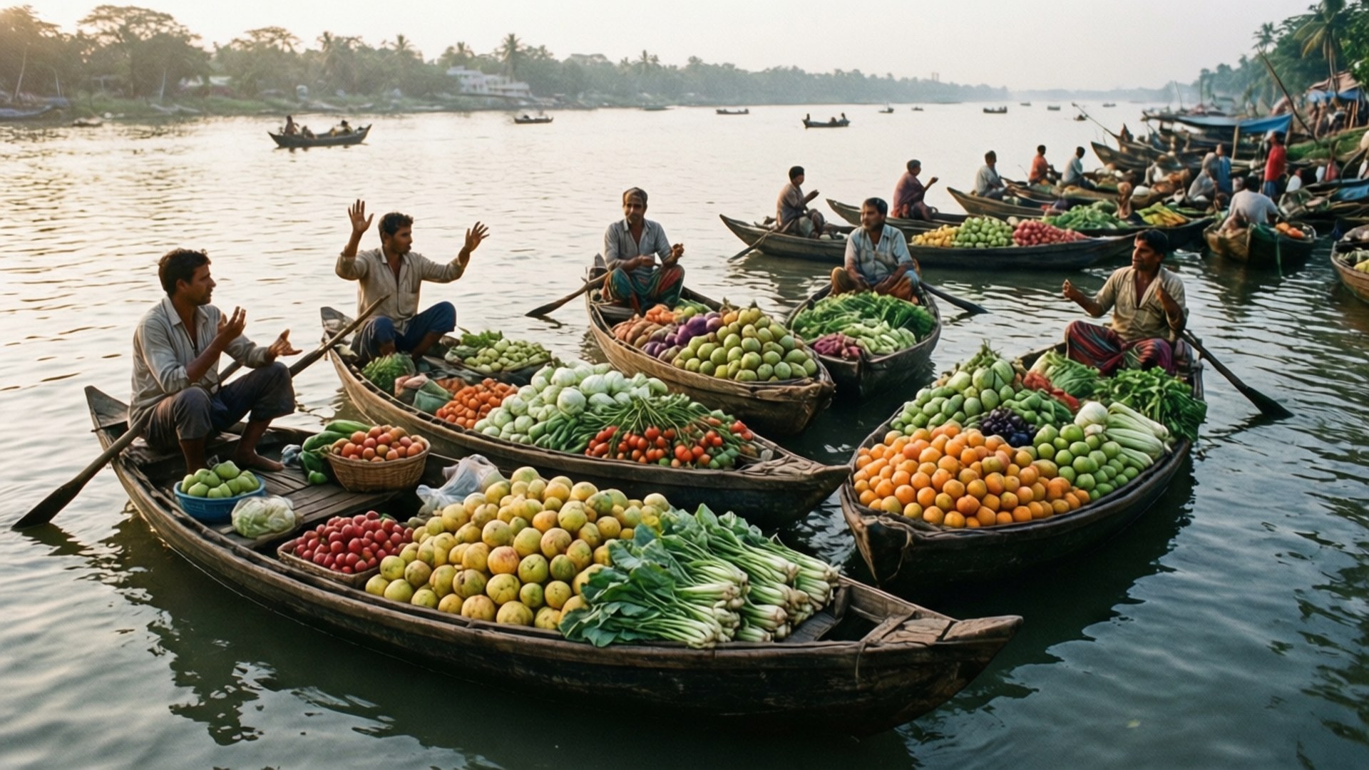 Barisal Floating Market 壁紙 — 色彩繽紛的木船滿載新鮮農產品，在平靜的河上漂浮，小販在熱鬧的水上市場向顧客打手勢。