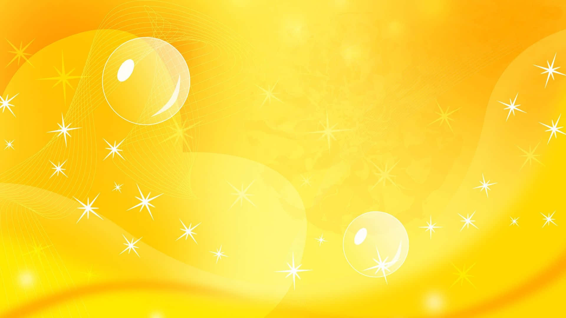 Yellow Abstract 桌布 壁紙 — 充滿活力的黃色抽象背景，帶有發光氣泡和閃爍星星，漂浮在柔和波浪上。