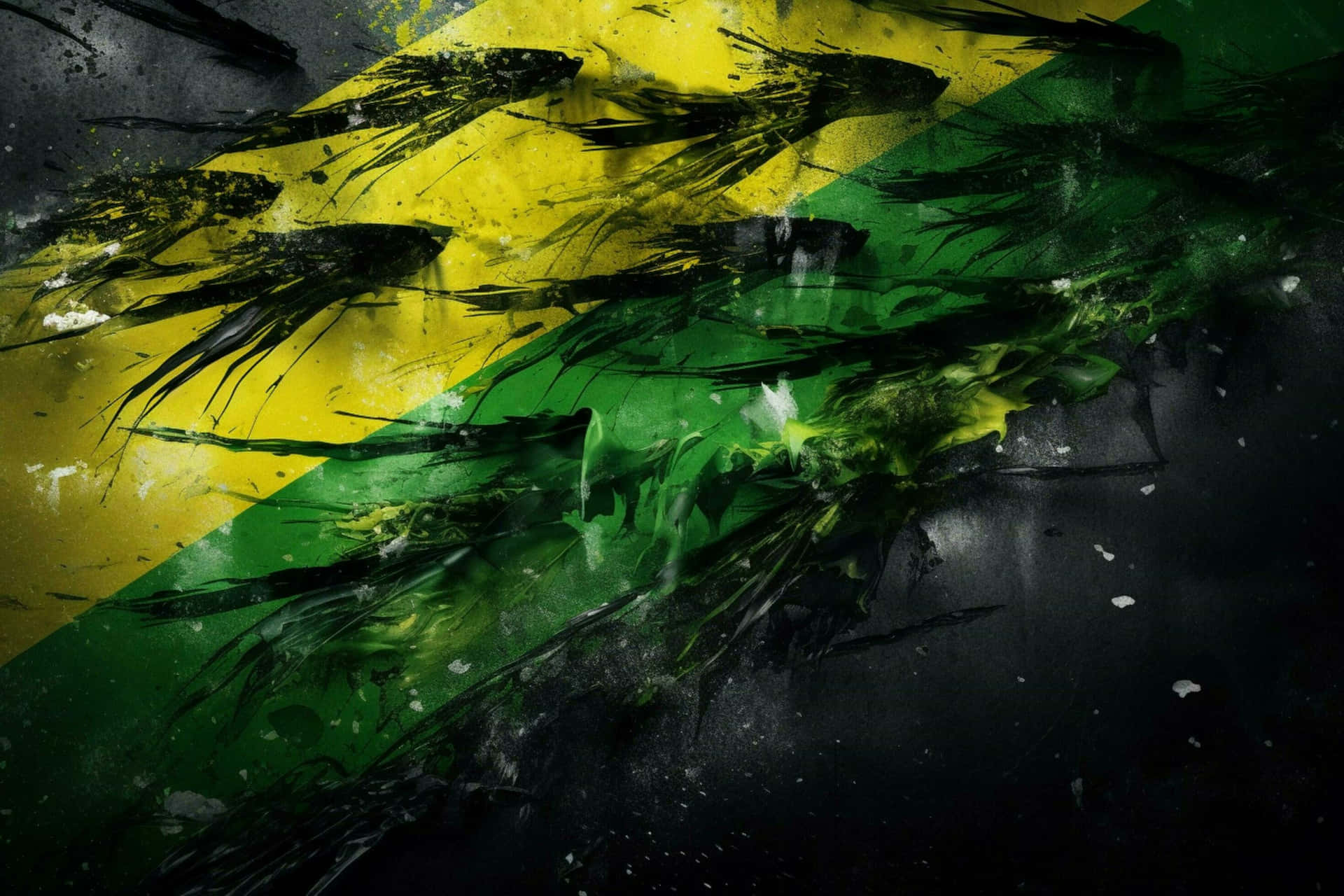  壁紙 — 鮮豔的黃色和綠色對角線條紋，在深色紋理背景上濺上黑色墨水。