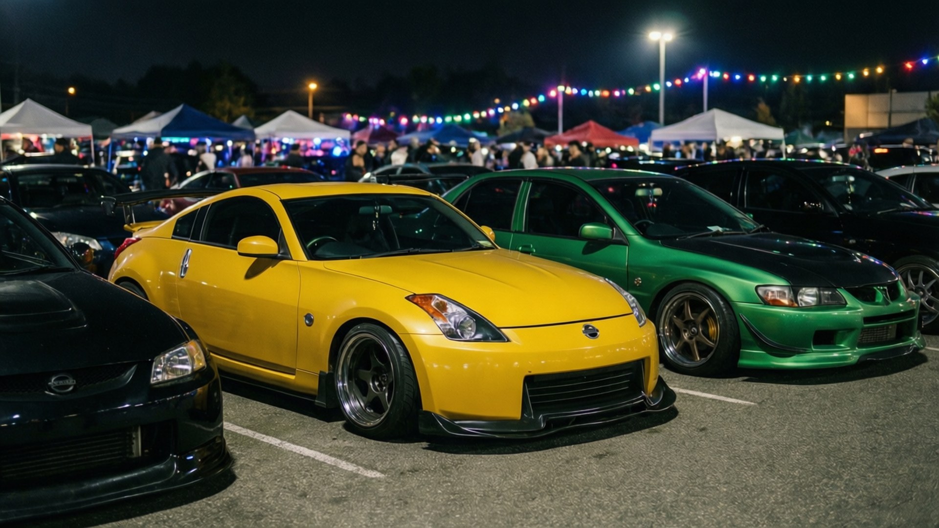 在夜間車展中，黃色和綠色的改裝跑車配上燈串和帳篷。 — Jdm 壁紙