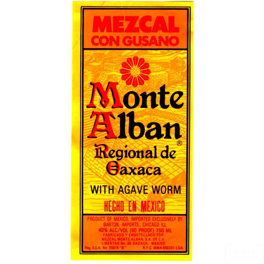 Drink 桌布 壁紙 — Monte Alban Mezcal 的鮮黃色和橙色標籤，帶有龍舌蘭蟲、粗體紅色文字和風格化的花朵。