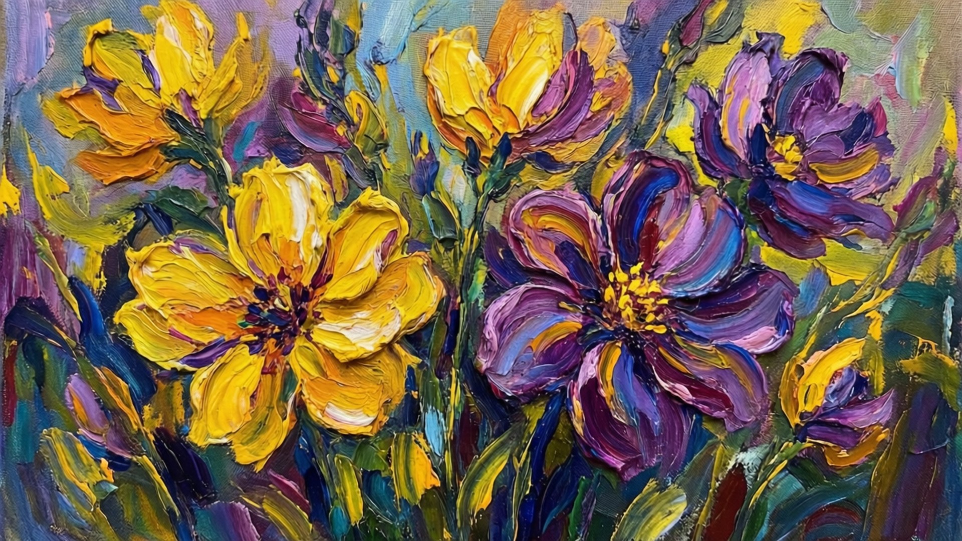 Impressionist Garden 壁紙 — 鮮豔的黃色和紫色花朵以厚實的紋理筆觸在茂盛的綠色和藍色背景上綻放。