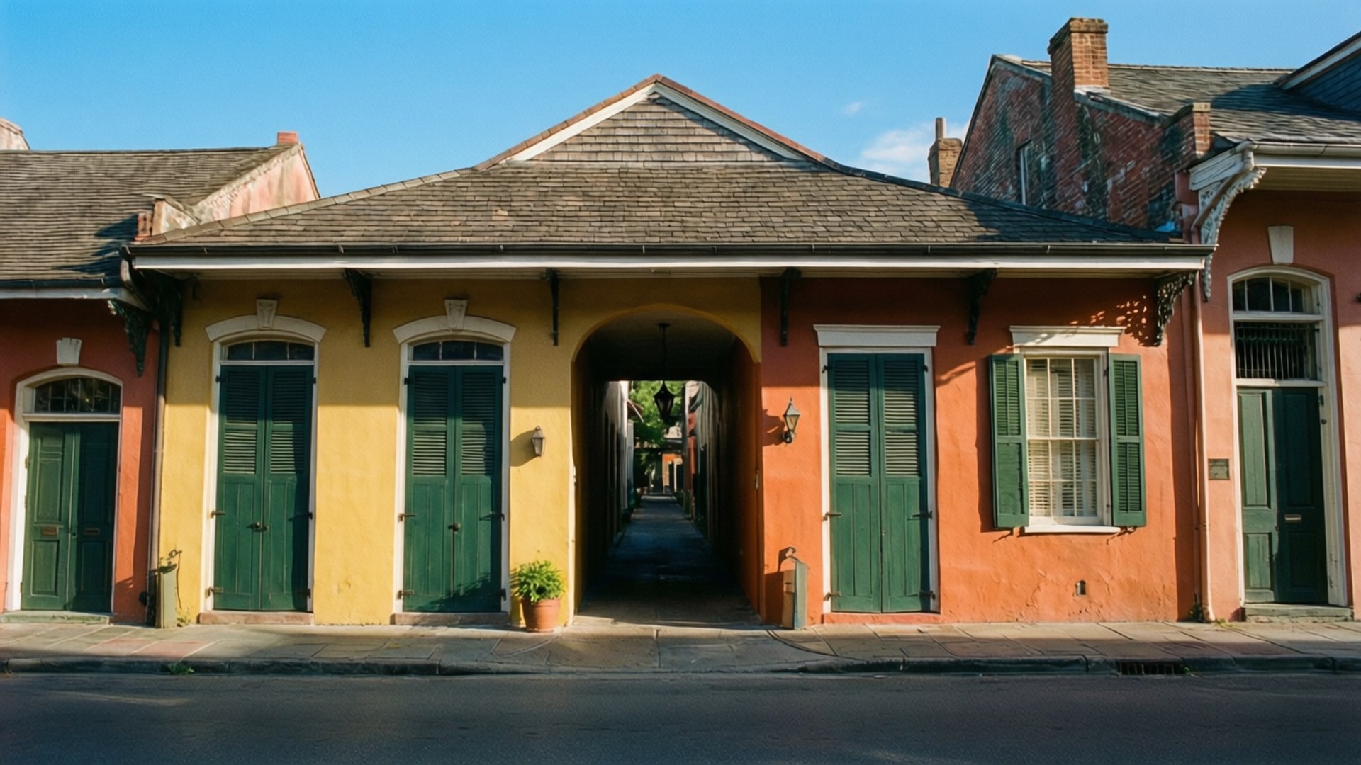 Creole Townhouse Charm 壁紙 — 一座充滿活力的黃色和陶土色建築，配有綠色百葉窗，在晴朗的藍天下框住一條陽光普照的小巷。