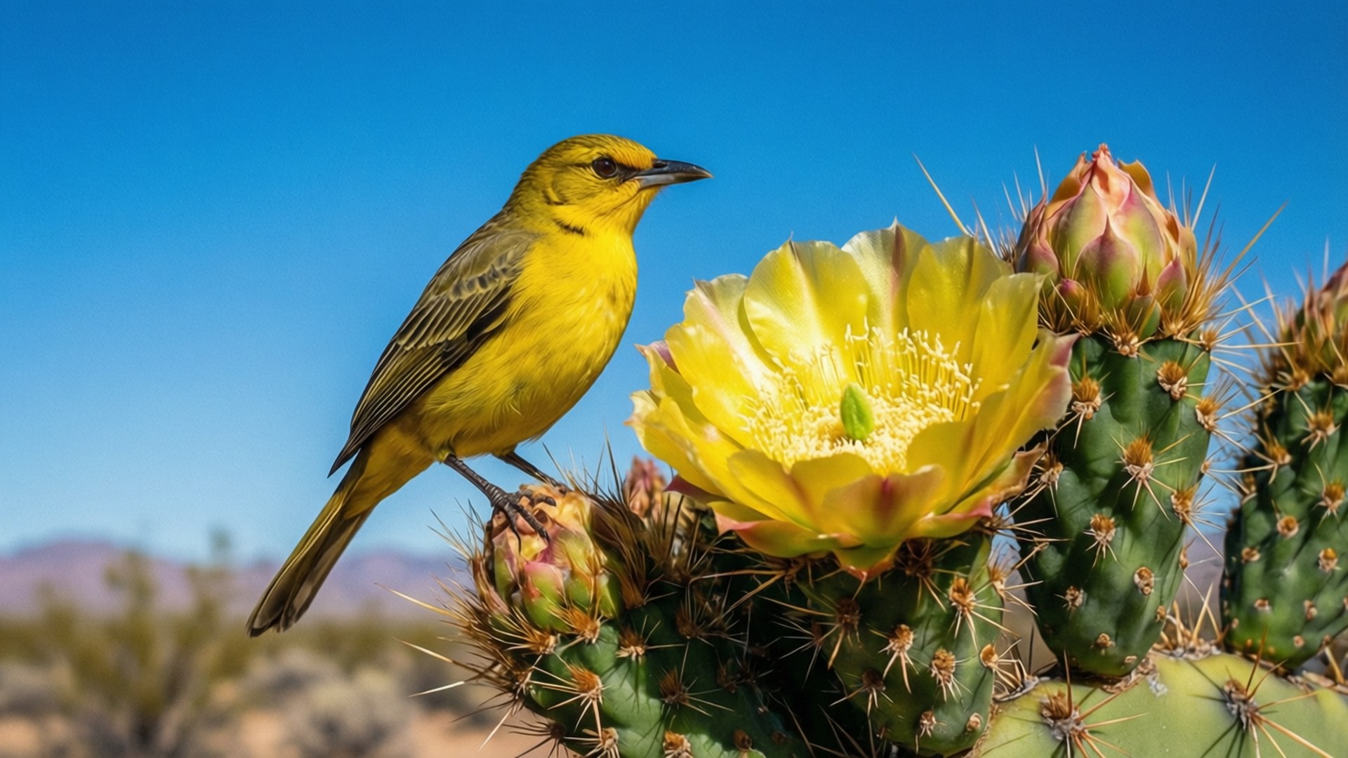 Desert Yellow Bird 壁紙 — 一隻鮮黃色的鳥棲息在多刺的仙人掌上，旁邊有一朵盛開的黃色花朵，背景是清澈的藍天。