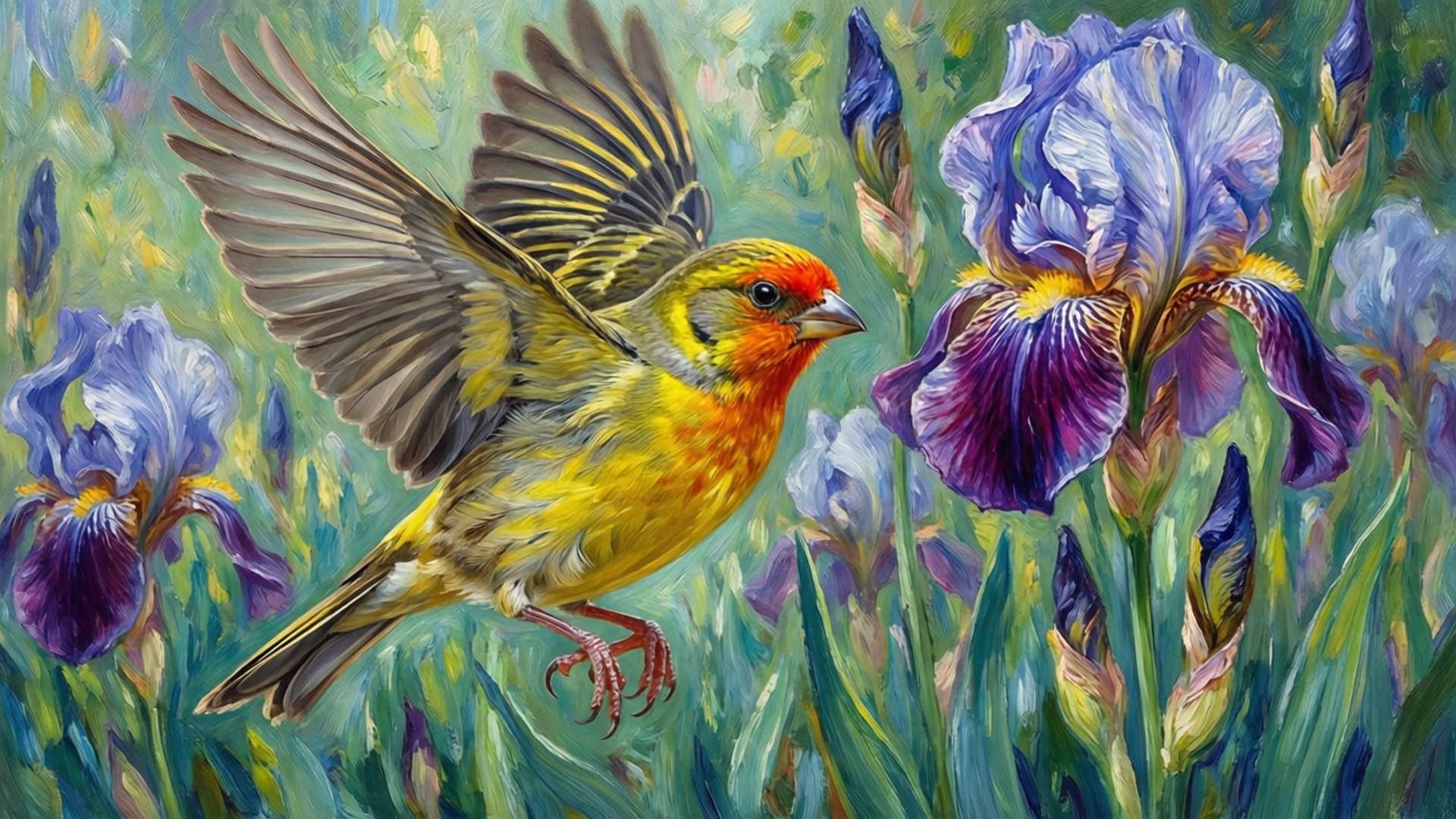 Iris Cannary 桌布 壁紙 — 一隻鮮黃色的鳥，紅頭展翅，在充滿表現力筆觸的茂密花園中，盤旋在紫色鳶尾花附近。