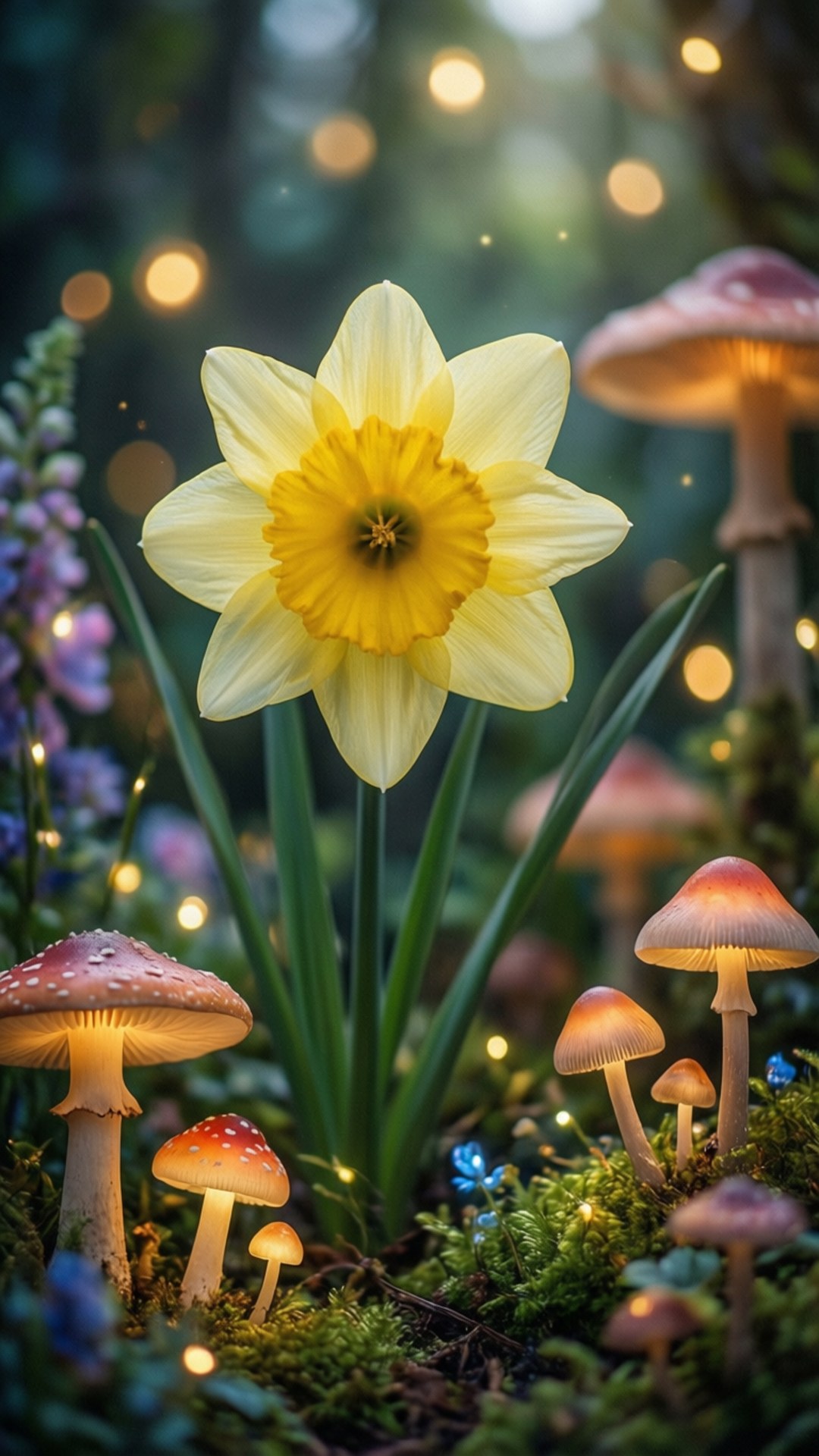 Fairy Garden Daffodil 壁紙 — 一朵鮮黃色的水仙花在發光的蘑菇和柔和散景燈光中綻放，位於神奇的森林地面上。