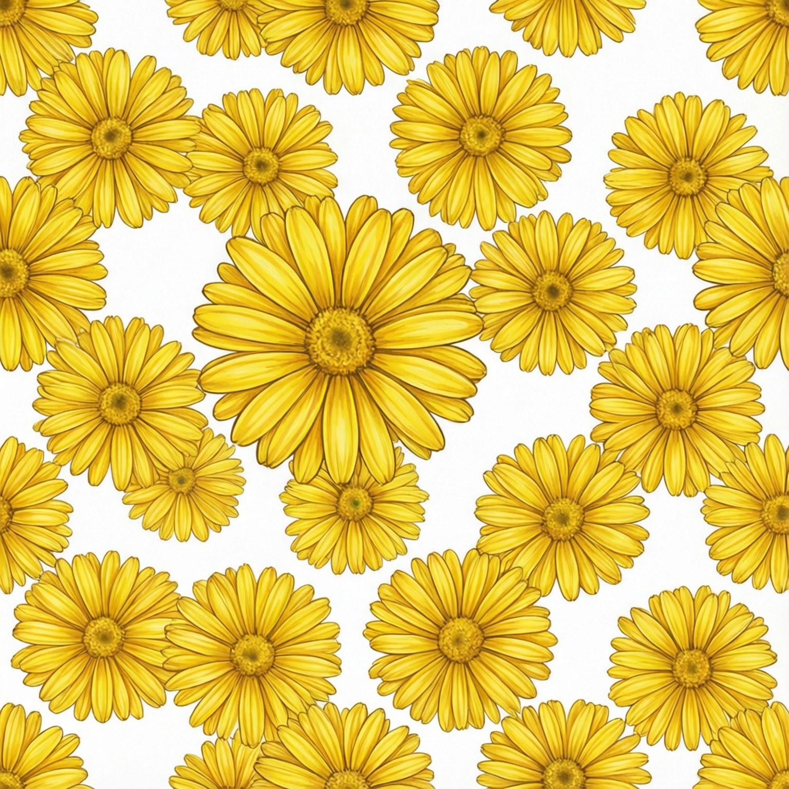 Daisy Seamless Pattern 壁紙 — 鮮黃色雛菊帶有詳細花瓣和深色中心，在潔白背景上重複形成無縫圖案。
