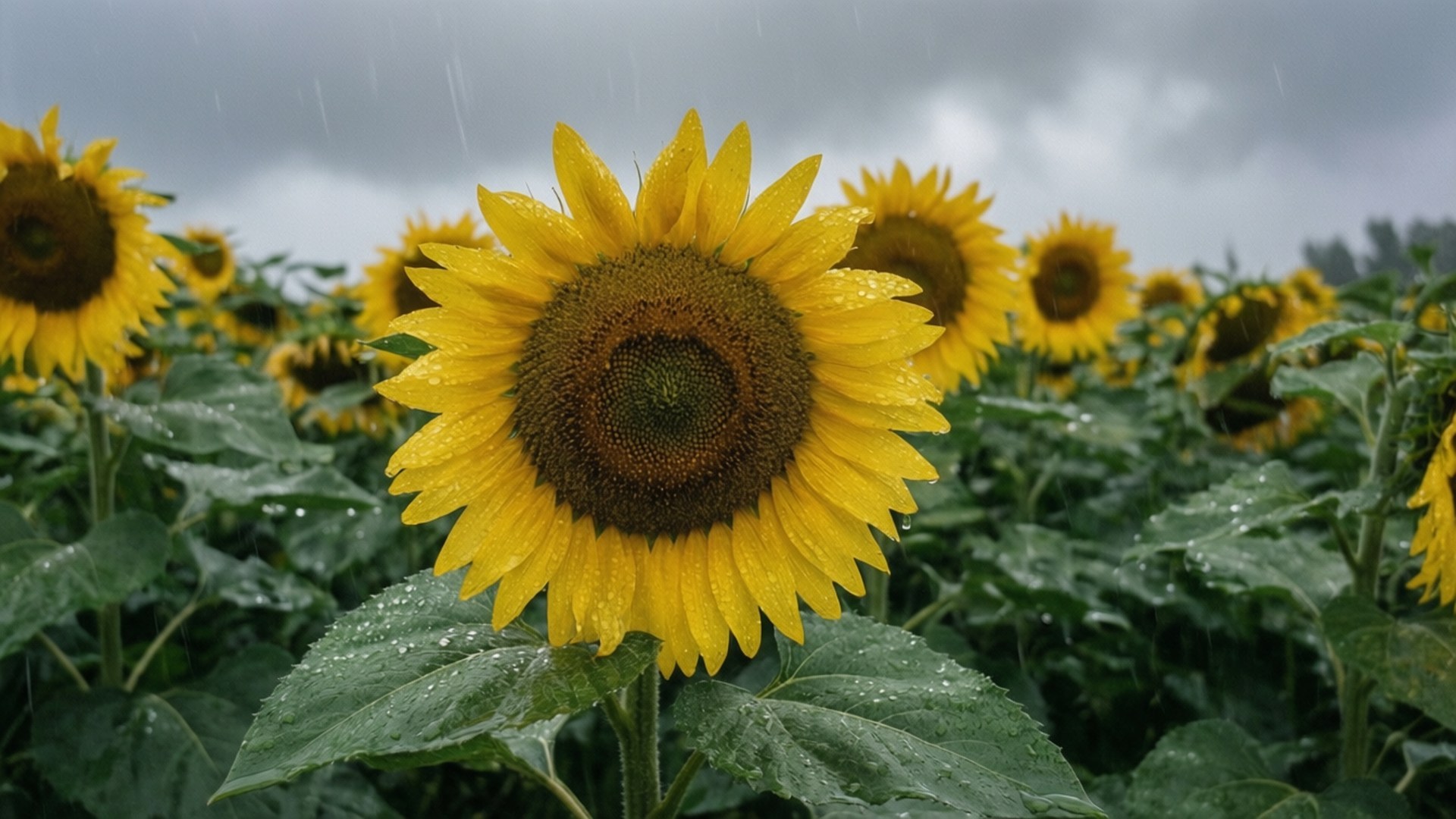 Rainy Day Sunflowers 壁紙 — 一朵鮮黃色的向日葵在雨浸的田野中高高聳立，水滴在花瓣和葉子上閃閃發光，天空灰濛濛。