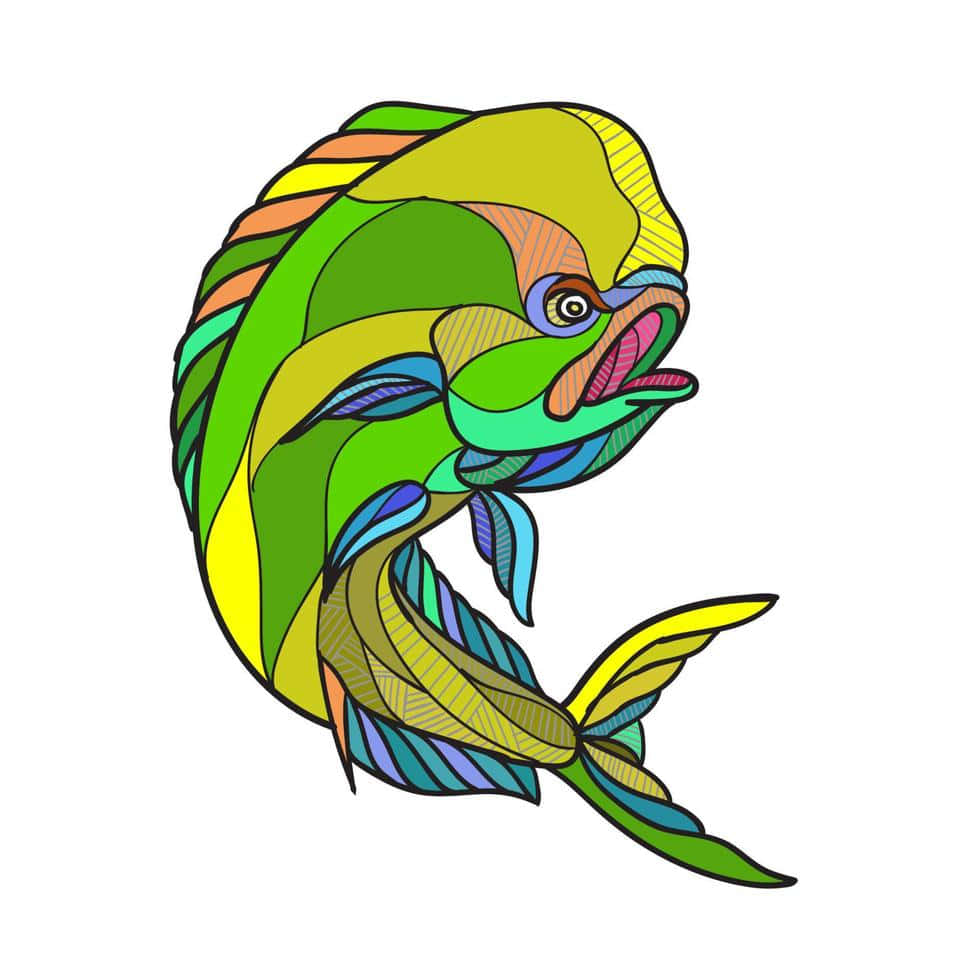  壁紙 — 一條色彩鮮豔、帶有幾何圖案和粗線條的魚，在純白色背景上動態地游動。