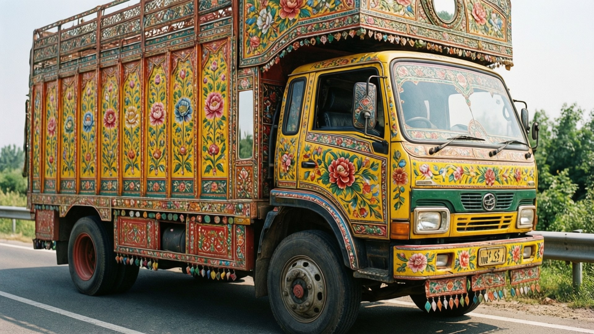 Truck Art Detail 壁紙 — 一輛色彩鮮豔的黃色卡車，帶有複雜的花卉圖案和彩色裝飾，沿著鋪砌的道路行駛。