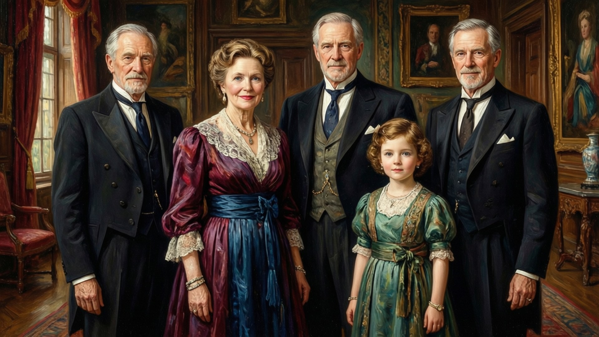 The Carrington Family Portrait 壁紙 — 一張正式的維多利亞時代家庭肖像，顯示四位成年人和一位年輕女孩穿著華麗的時代服裝，站在一個裝飾華麗的客廳中，配有鍍金框架和紅色窗簾。