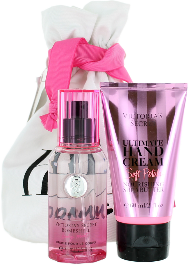 維多利亞的秘密 桌布 壁紙 — Victoria's Secret Bombshell 身體噴霧和護手霜，粉紅色包裝，搭配白色禮物袋，繫上粉紅色絲帶。