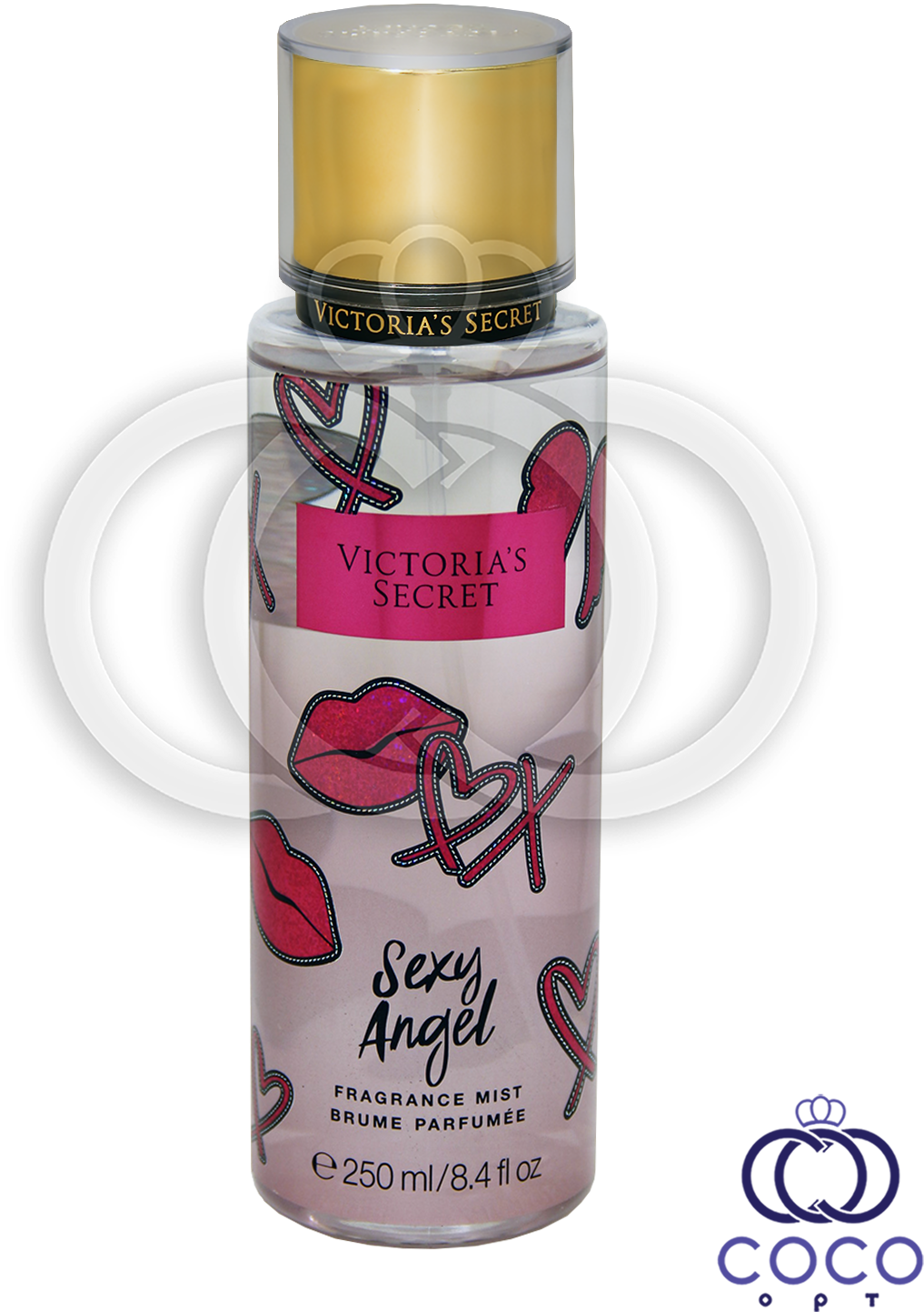 維多利亞的秘密 桌布 壁紙 — Victoria's Secret Sexy Angel 香水噴霧瓶，黑色背景上帶有粉紅唇和心形設計。