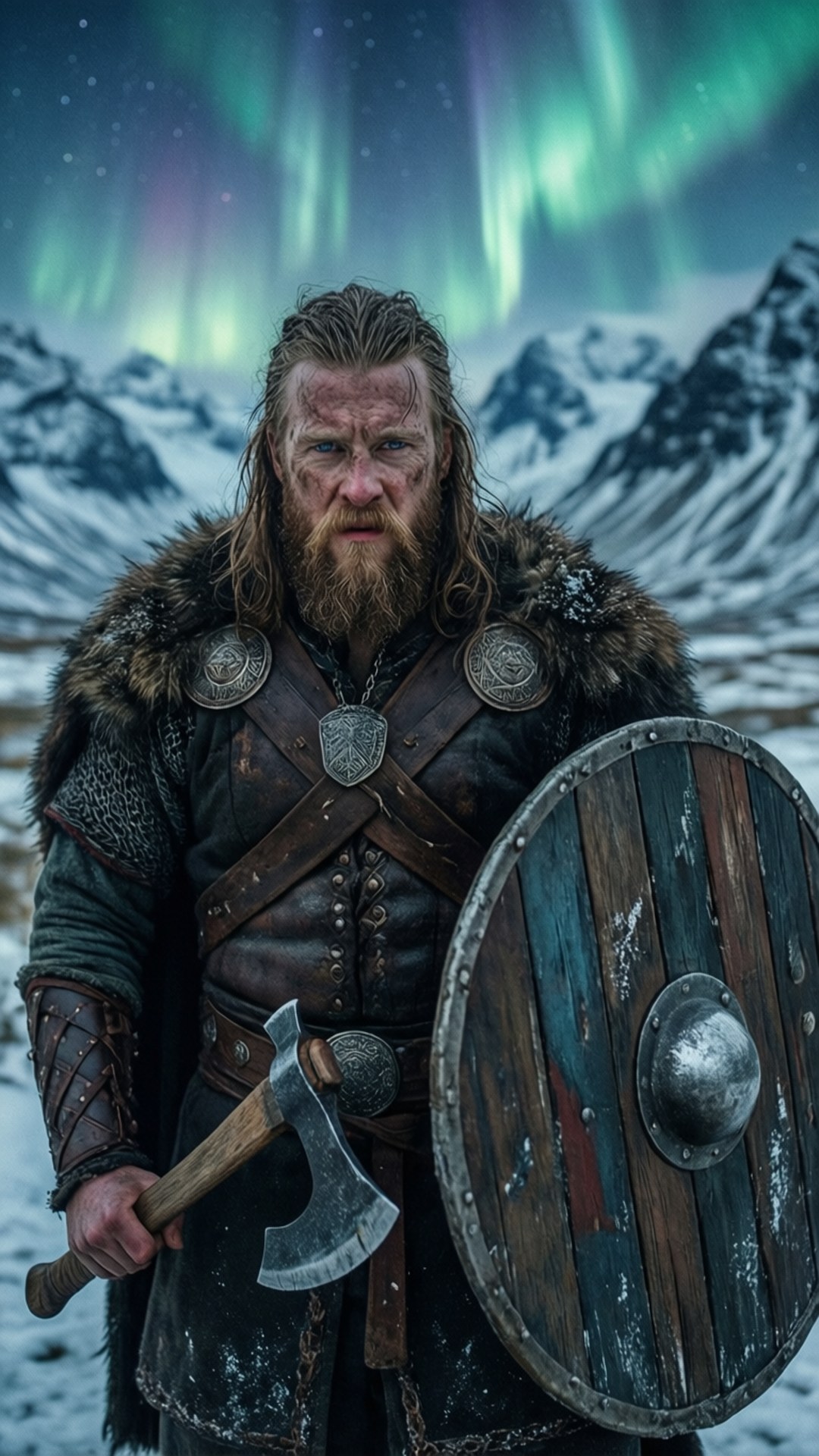 Viking of the North 壁紙 — 一位留鬍鬚的維京戰士穿著毛皮襯裡的盔甲，在白雪覆蓋的山峰上，在充滿活力的綠色北極光下，手持斧頭和盾牌。